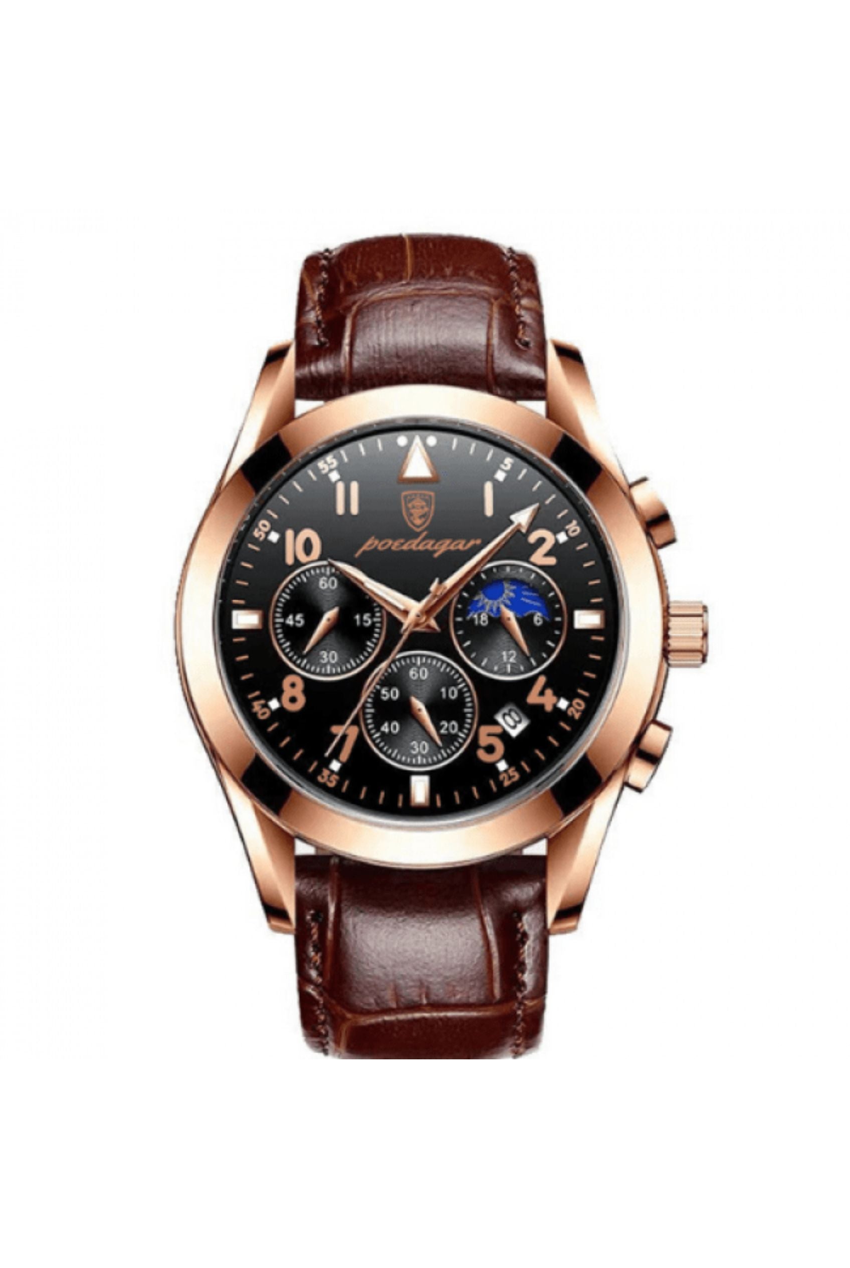 Men’s Watch — Chronoforge (Leather Strap) - Brown Strap | Black Dial | Gold Case - Rully Official