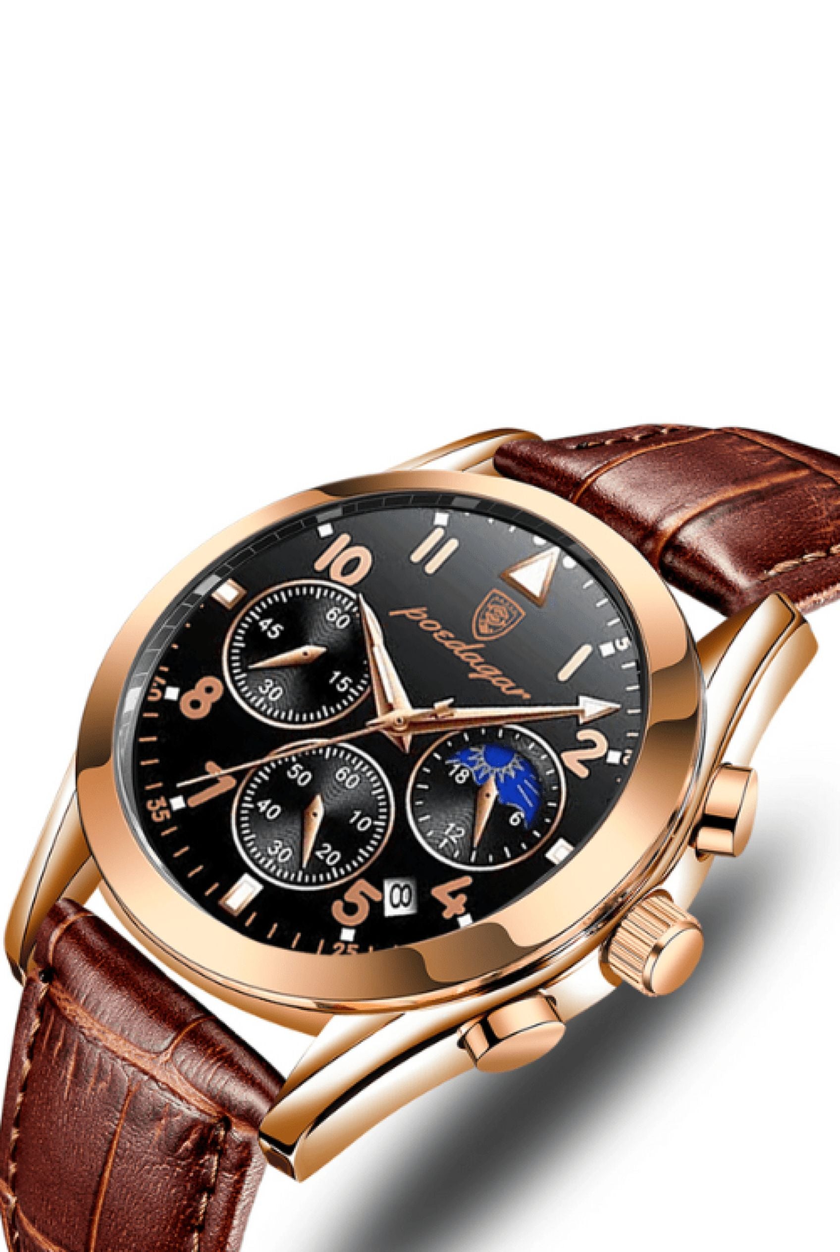 Men’s Watch — Chronoforge (Leather Strap) - Brown Strap | Black Dial | Gold Case - Rully Official