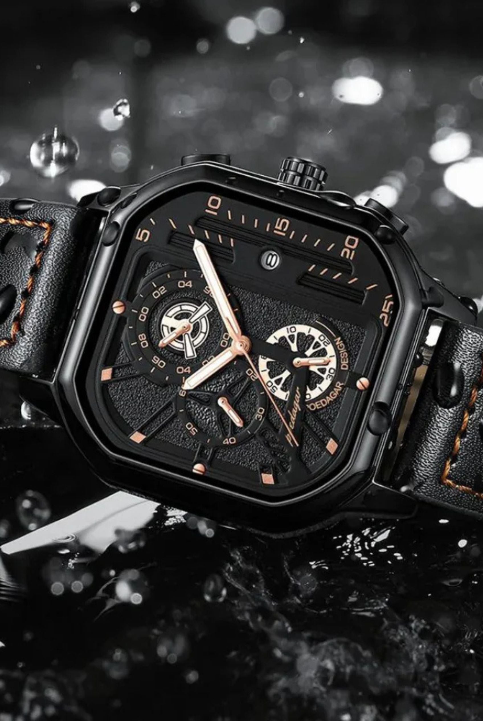 Men’s Watch — Machine - (Leather) Black Strap | Gold Accents | Black Case - Rully Official
