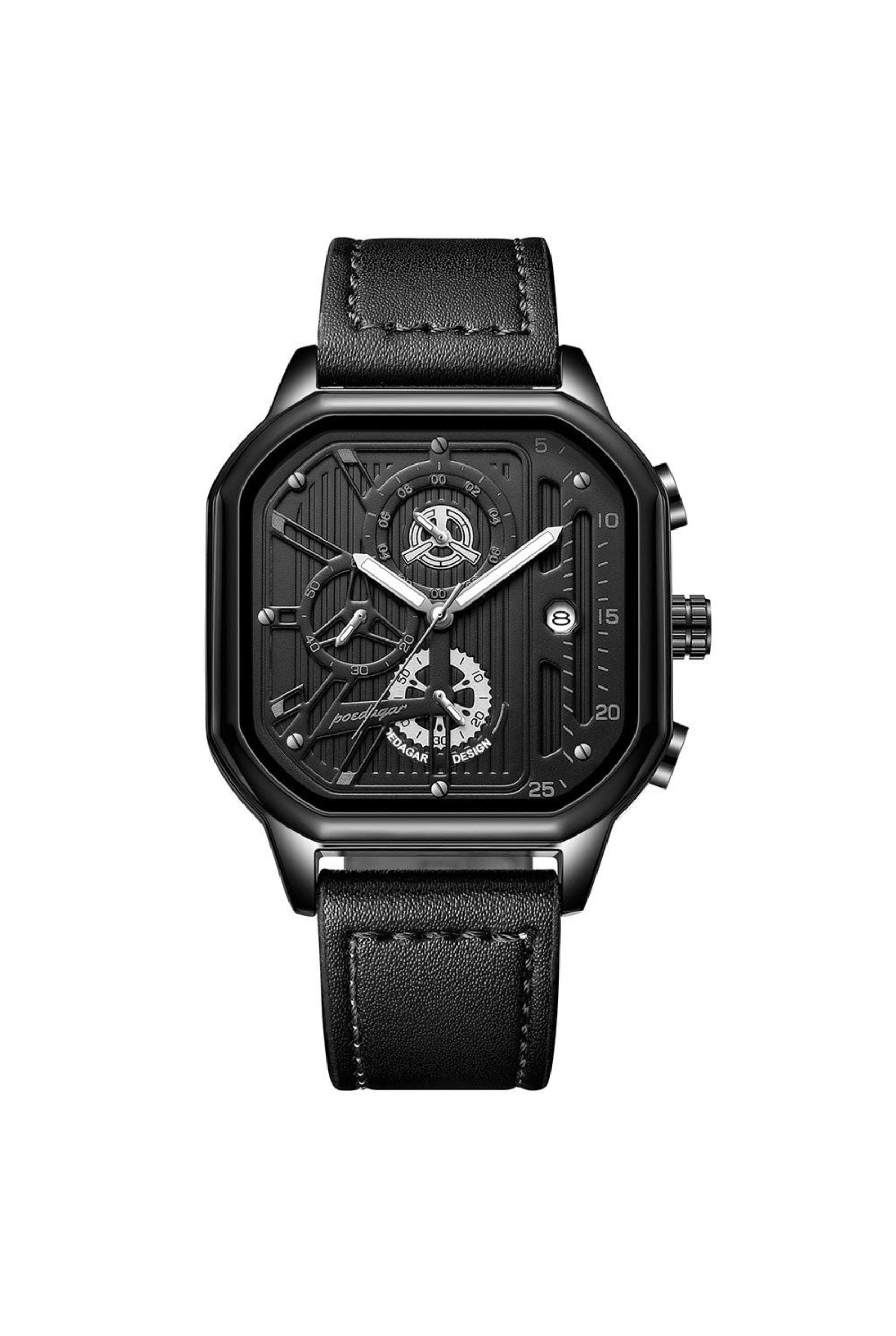 Men’s Watch — Machine - (Leather) Black Strap | Silver Accents | Black Case - Rully Official
