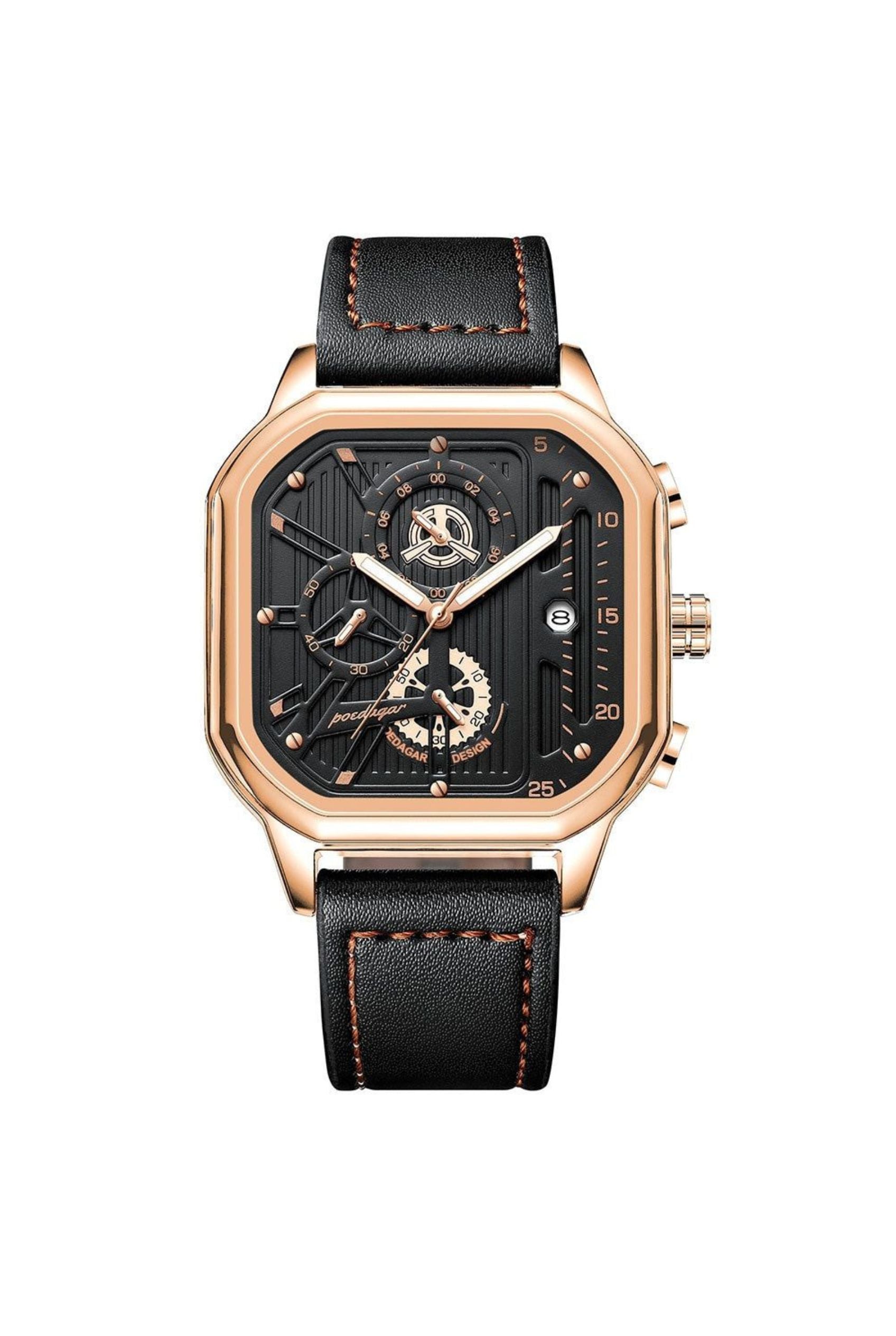 Men’s Watch — Machine - (Leather) Black Strap | Gold Accents | Gold Case - Rully Official