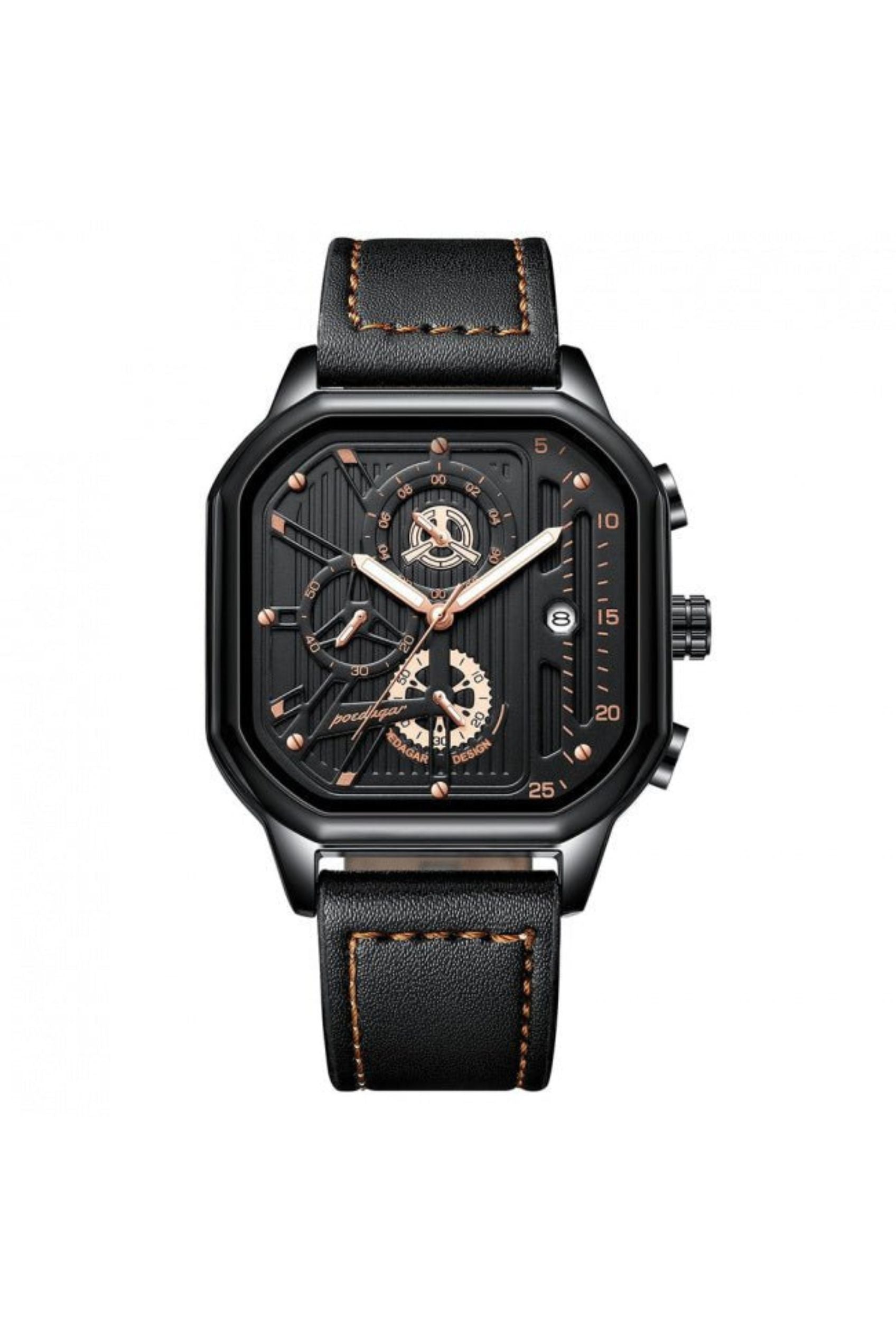 Men’s Watch — Machine - (Leather) Black Strap | Gold Accents | Black Case - Rully Official