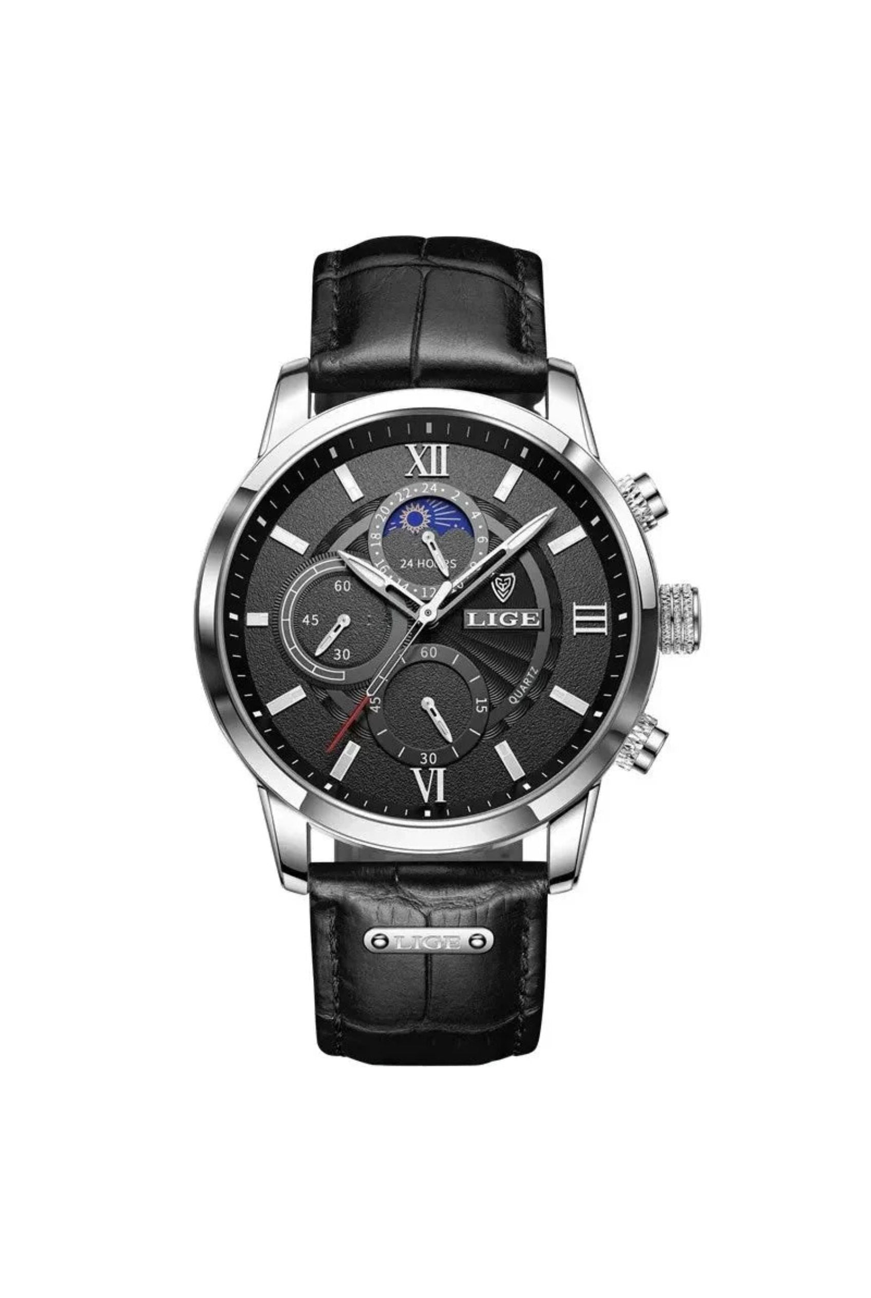 Men’s Watch — Legacy (Leather Strap) - Black Strap | Black Dial | Silver Case - Rully Official