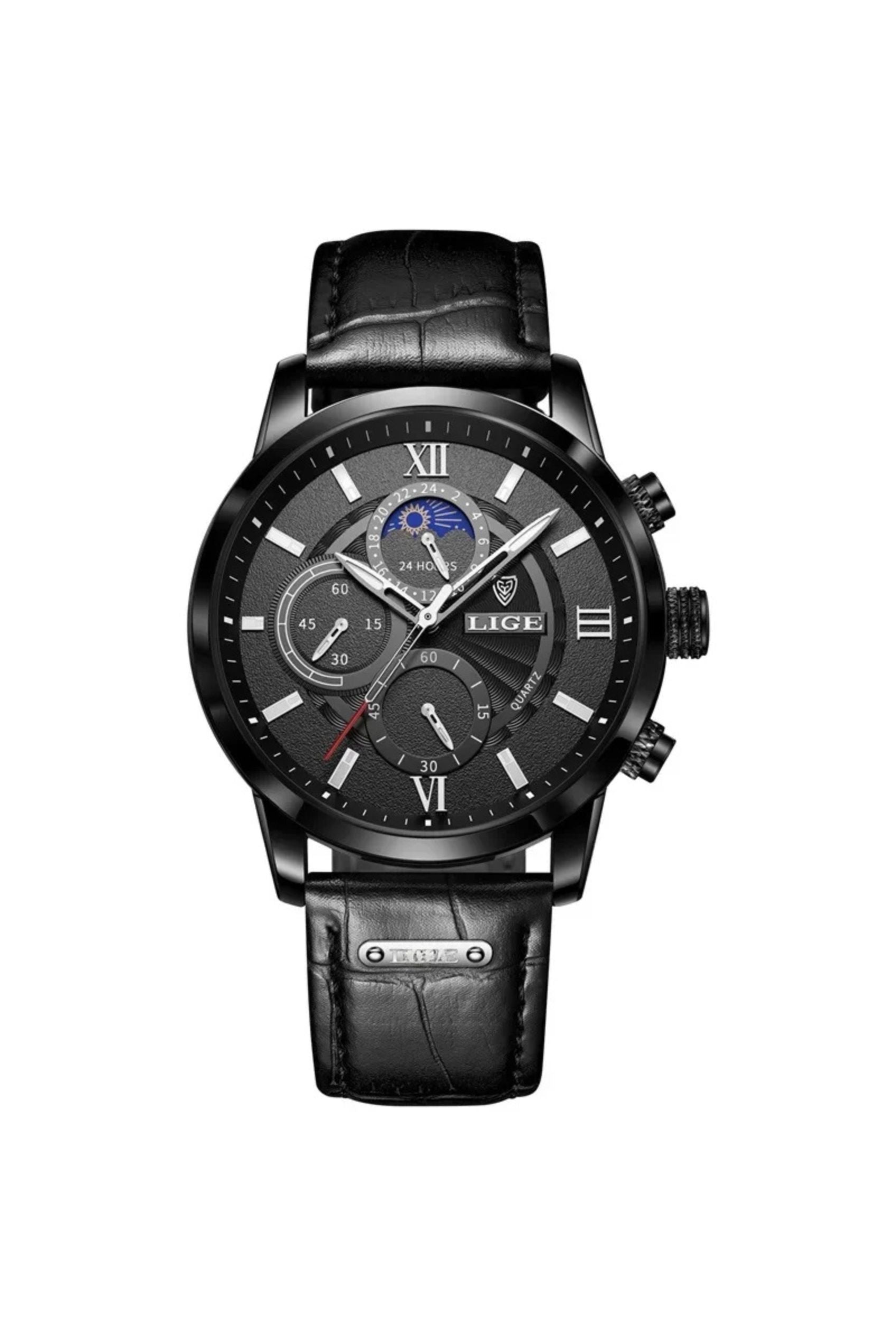 Men’s Watch — Legacy (Leather Strap) - Black Strap | Black Dial | Black Case - Rully Official