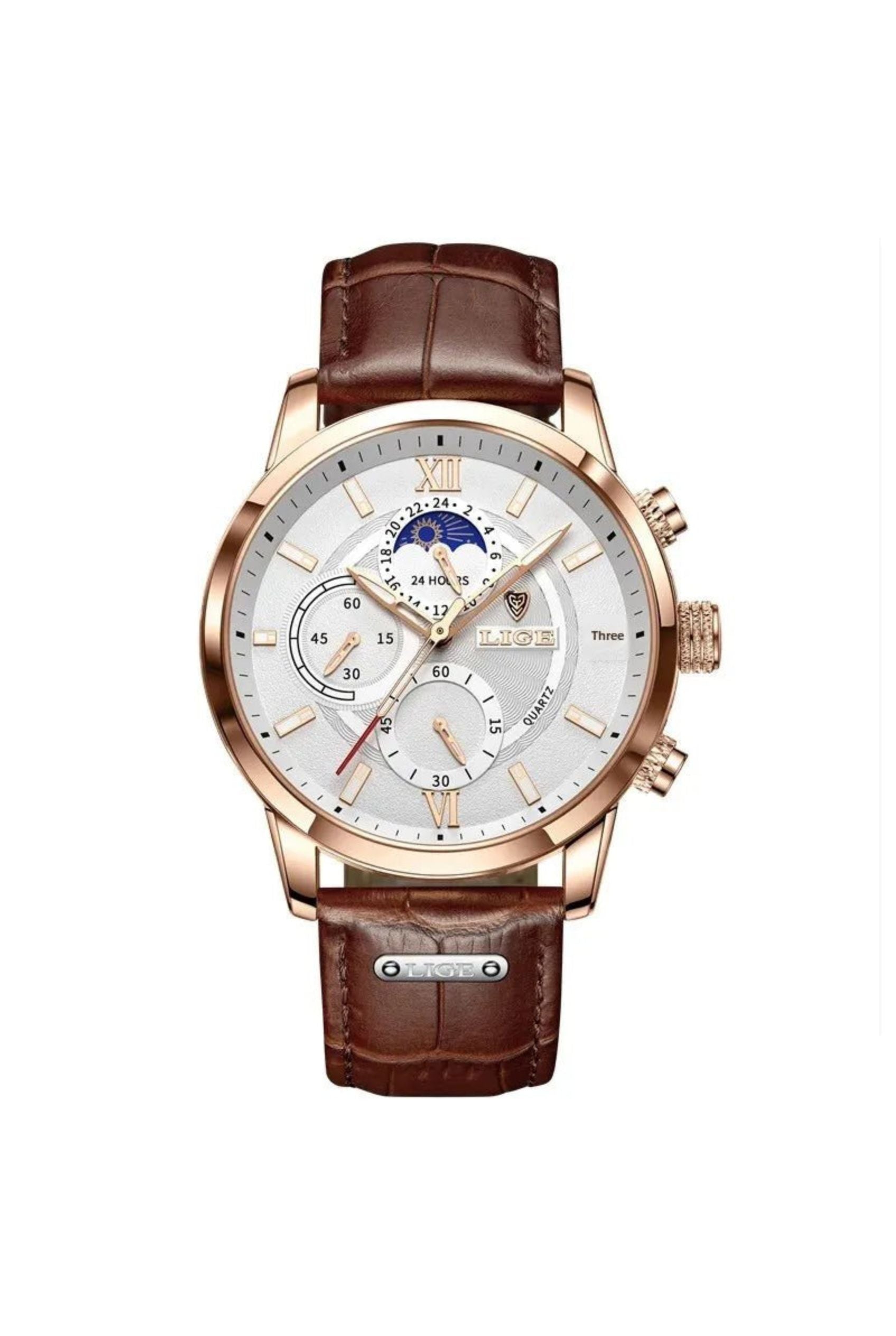 Men’s Watch — Legacy (Leather Strap) - Brown Strap | White Dial | Gold Case - Rully Official
