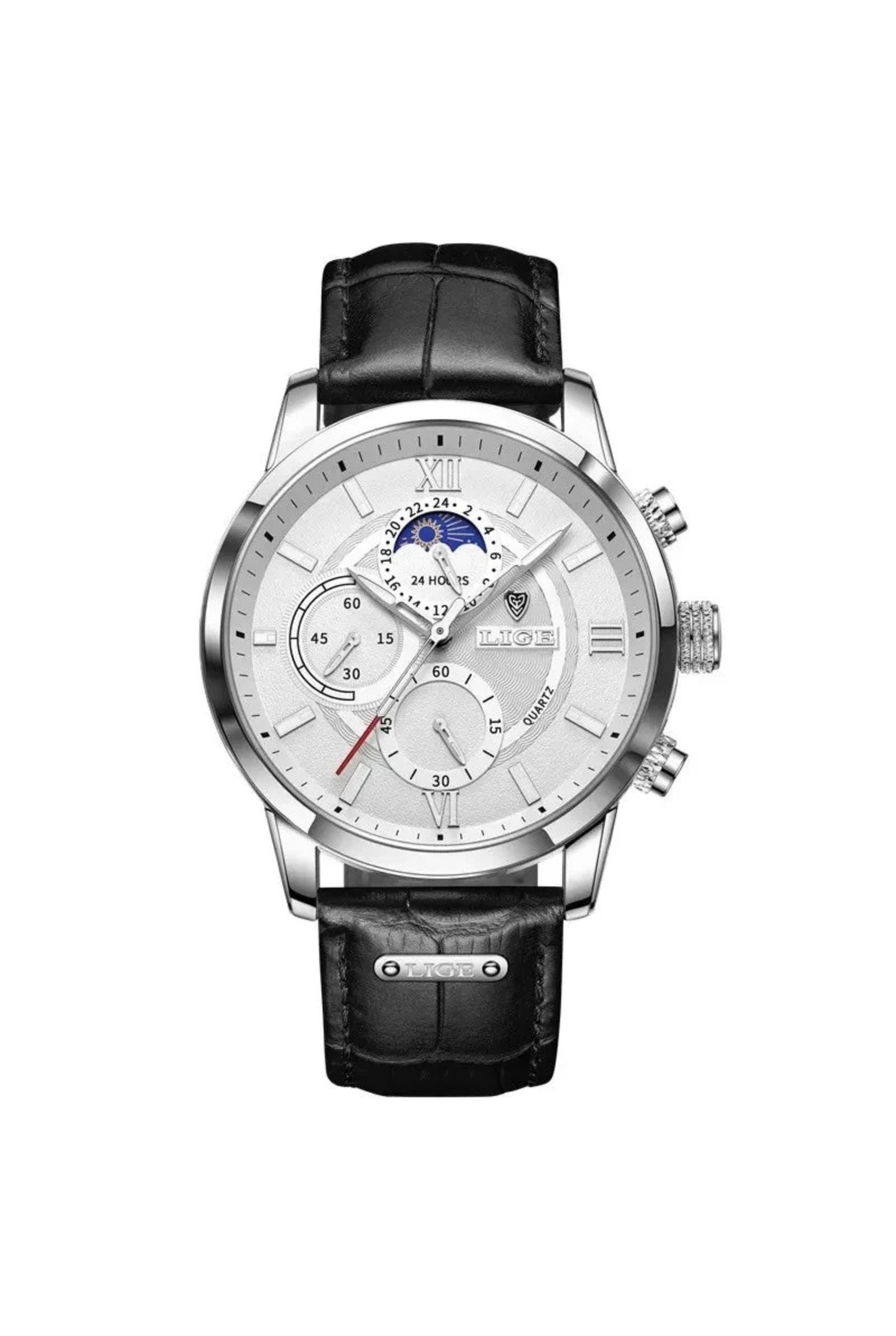 Men’s Watch — Legacy (Leather Strap) - Black Strap | White Dial | Silver Case - Rully Official