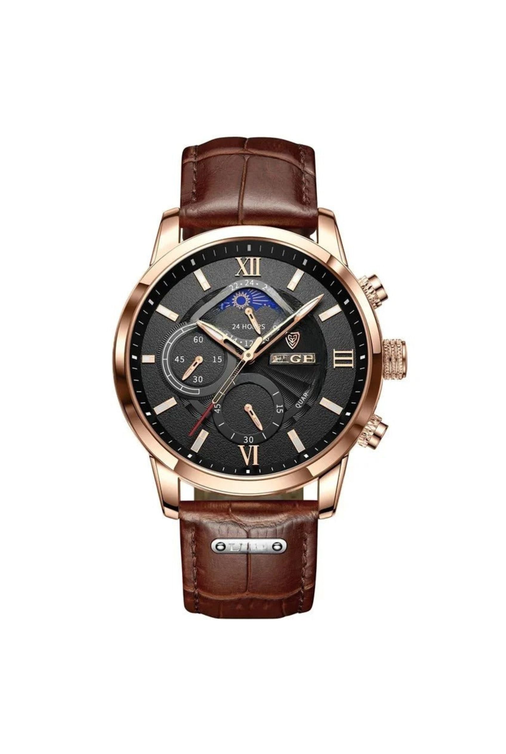 Men’s Watch — Legacy (Leather Strap) - Brown Strap | Black Dial | Gold Case - Rully Official