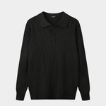 Men’s Ribbed V-Neck Polo Shirt – Long Sleeve - Black - Rully Official