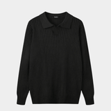 Men’s Ribbed V-Neck Polo Shirt – Long Sleeve - Black - Rully Official