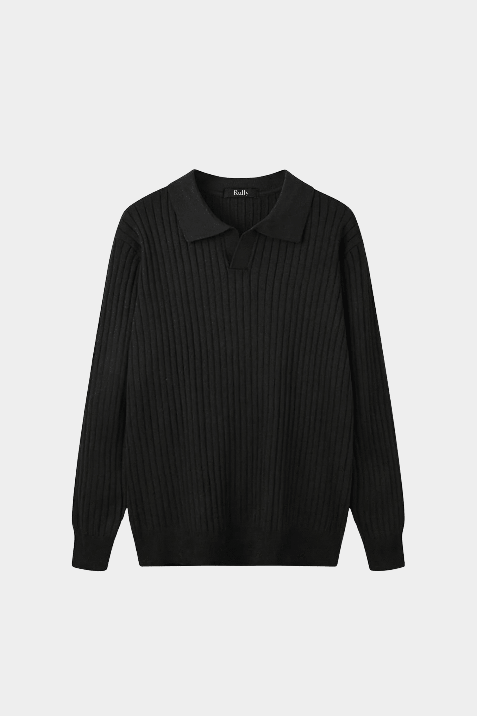 Men’s Ribbed V-Neck Polo Shirt – Long Sleeve - Black - Rully Official