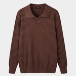 Men’s Ribbed V-Neck Polo Shirt – Long Sleeve - Brown - Rully Official