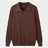 Men’s Ribbed V-Neck Polo Shirt – Long Sleeve - Brown - Rully Official