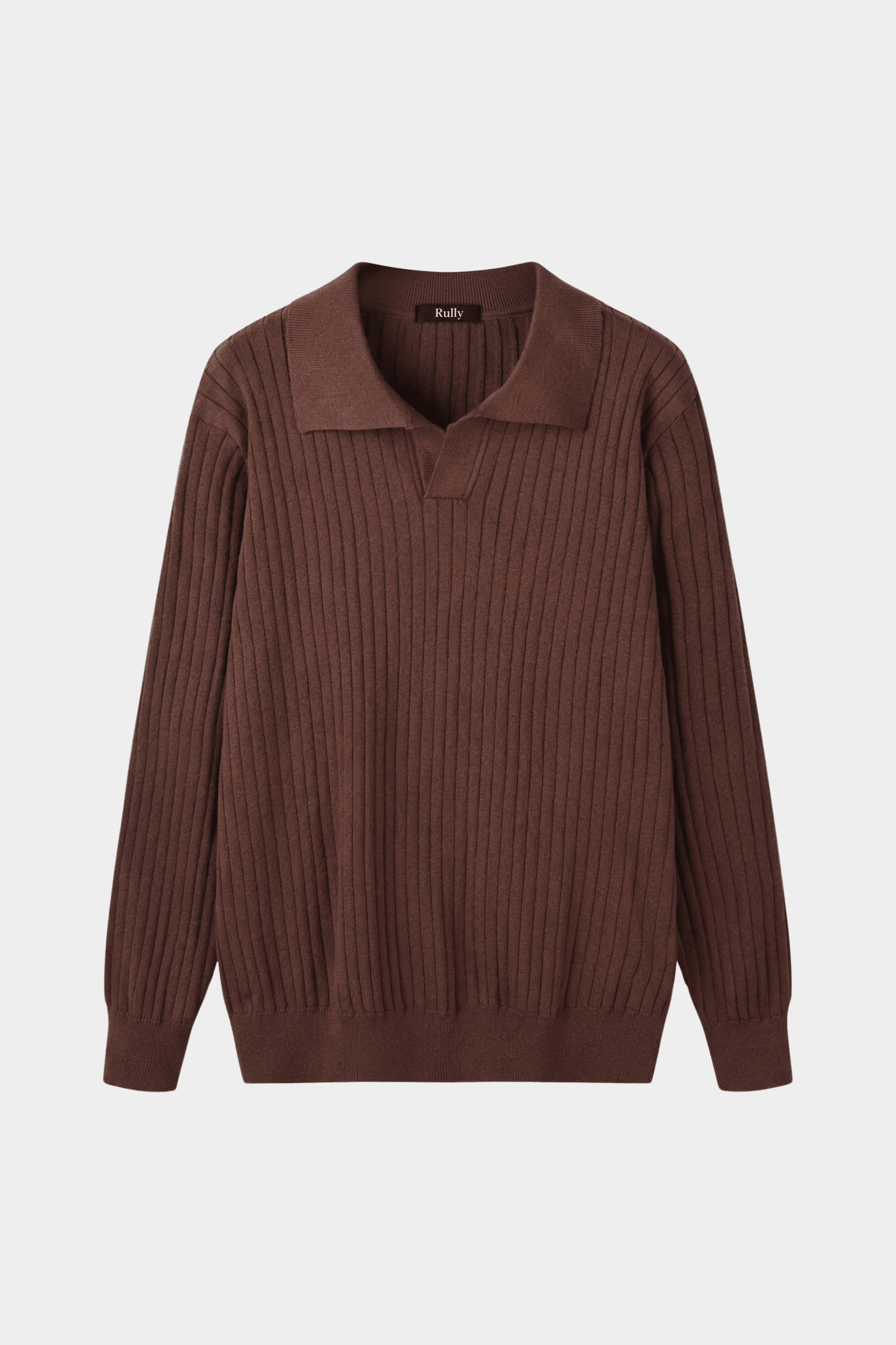 Men’s Ribbed V-Neck Polo Shirt – Long Sleeve - Brown - Rully Official