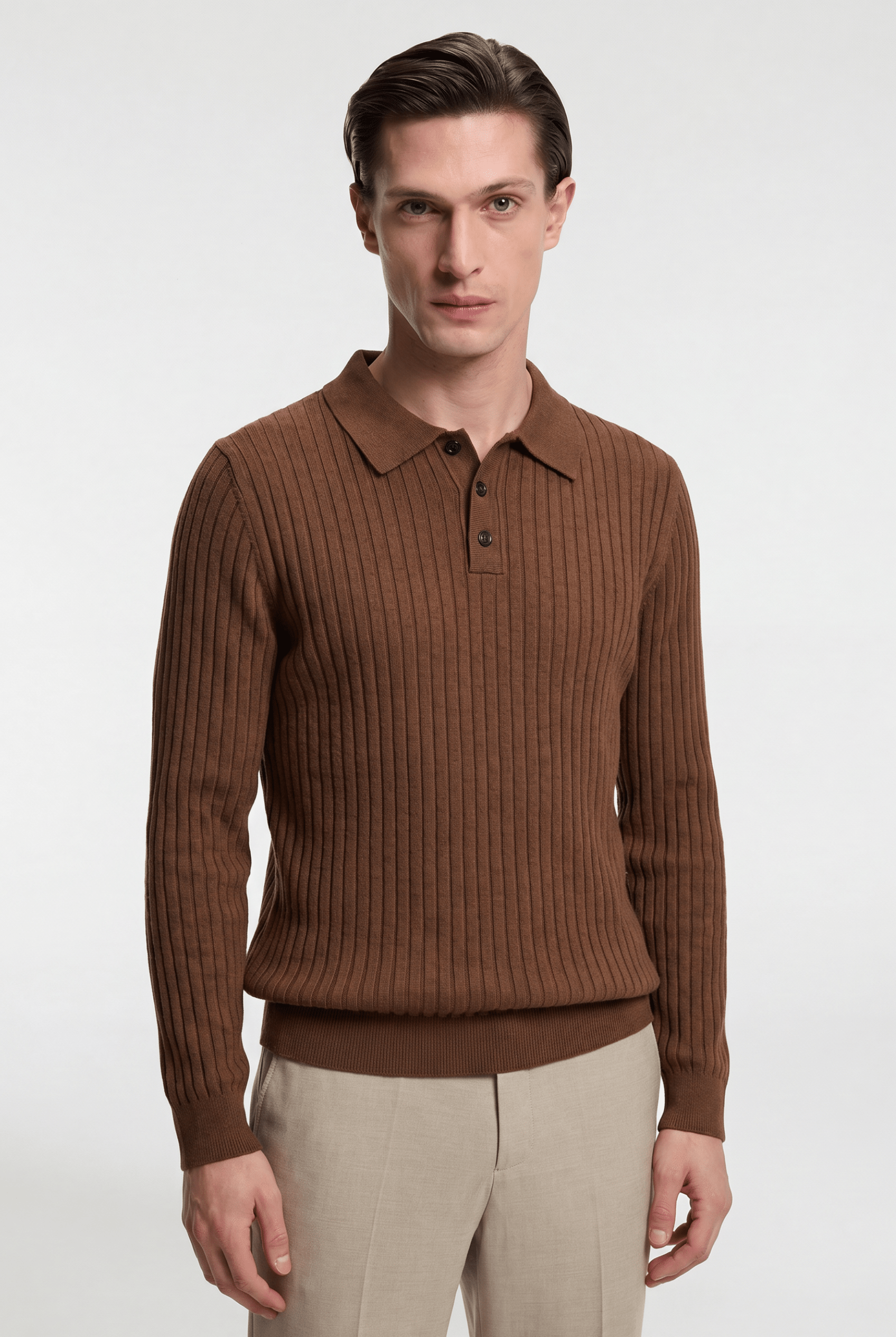 Men’s Ribbed Knit Polo – Long Sleeve - Brown - Rully Official
