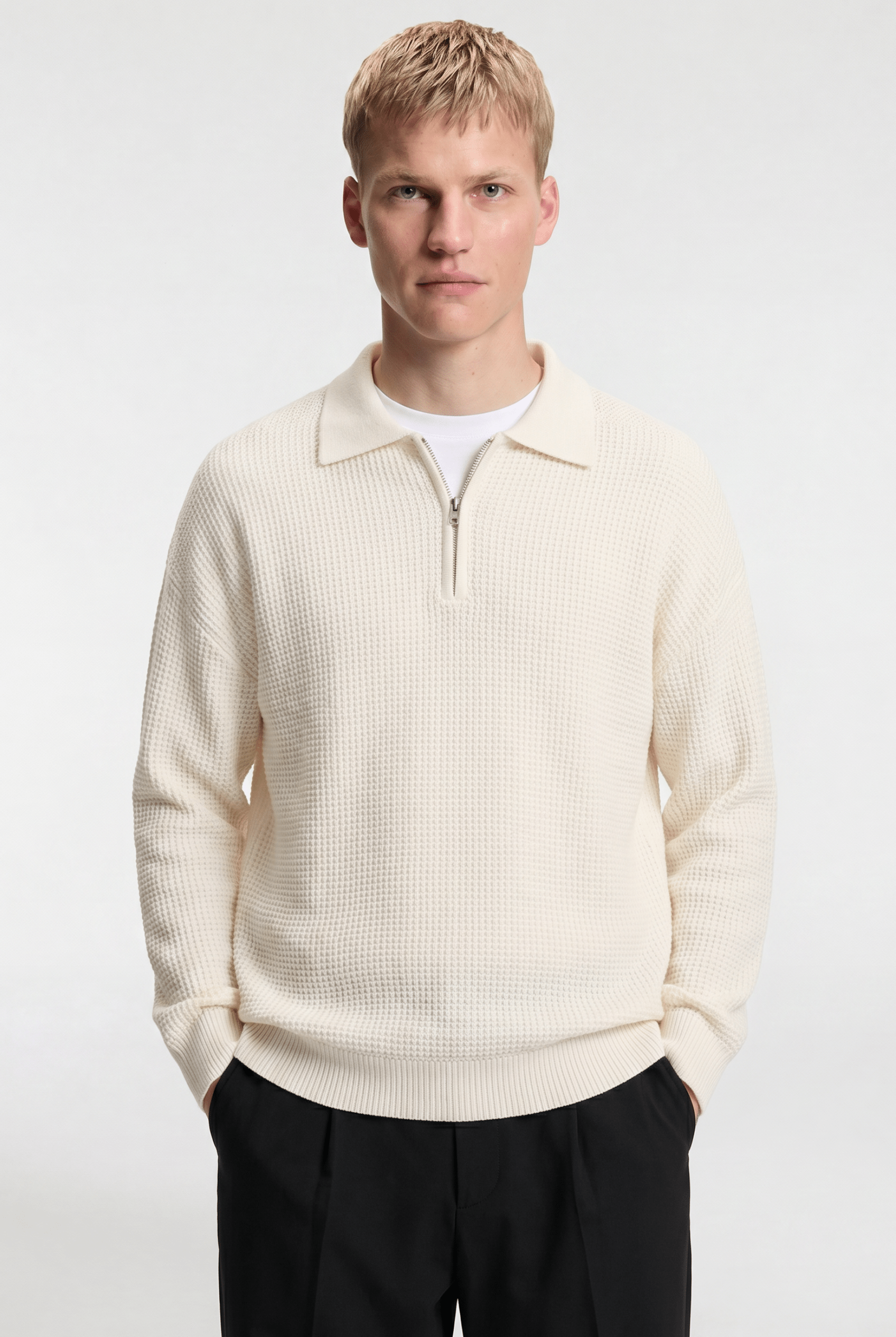 Men’s Half-Zip Knit Polo Jumper - Cream - Rully Official