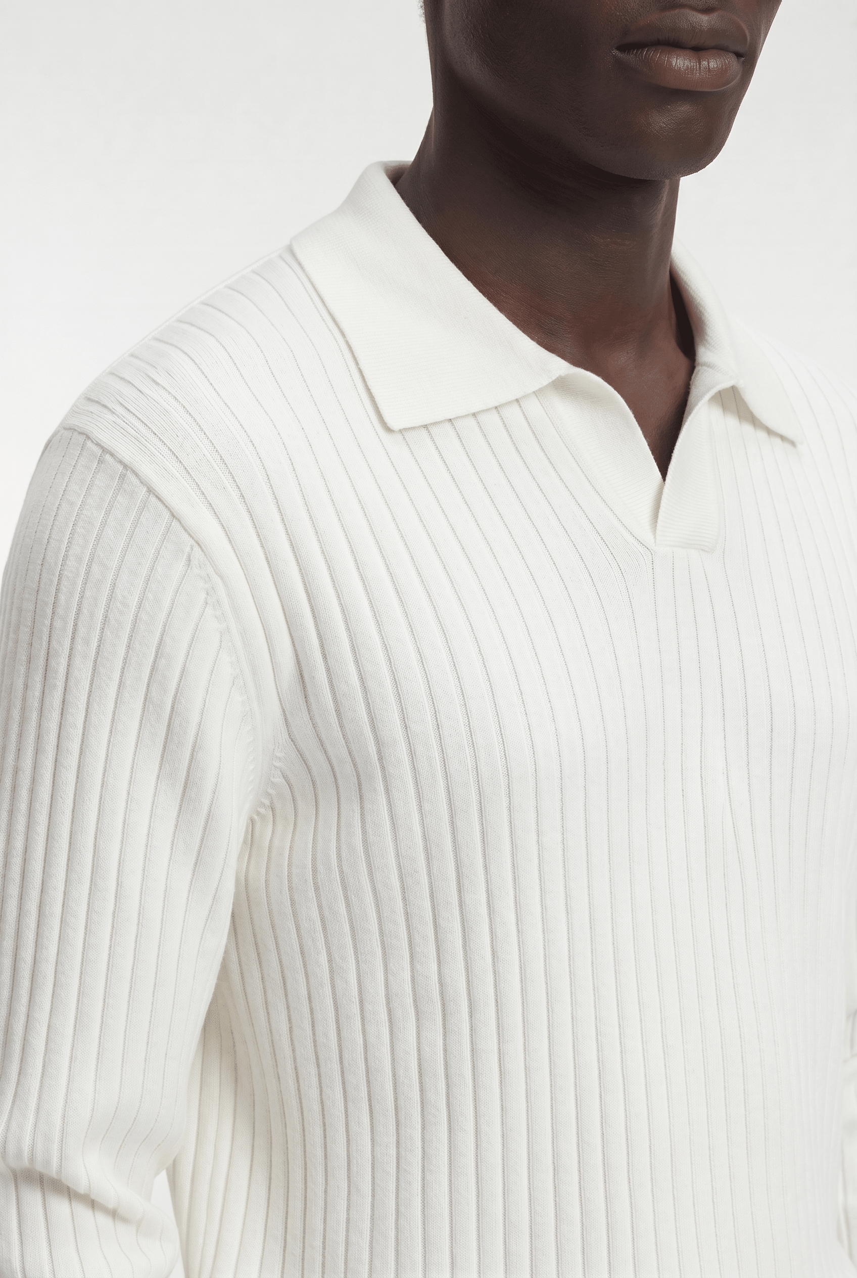 Men’s Ribbed V-Neck Polo Shirt – Long Sleeve - White - Rully Official