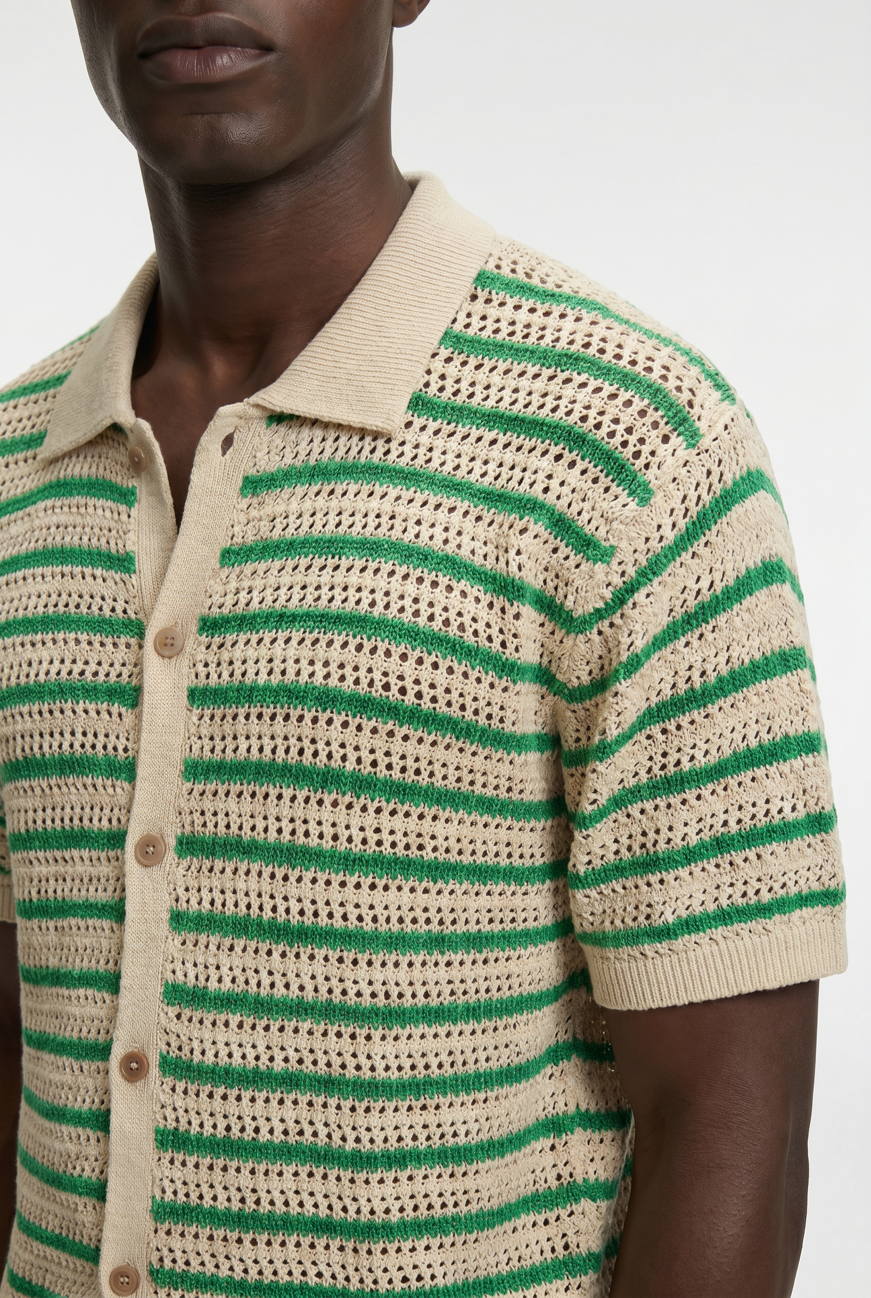 Men's Striped Crochet Knit Polo Shirt