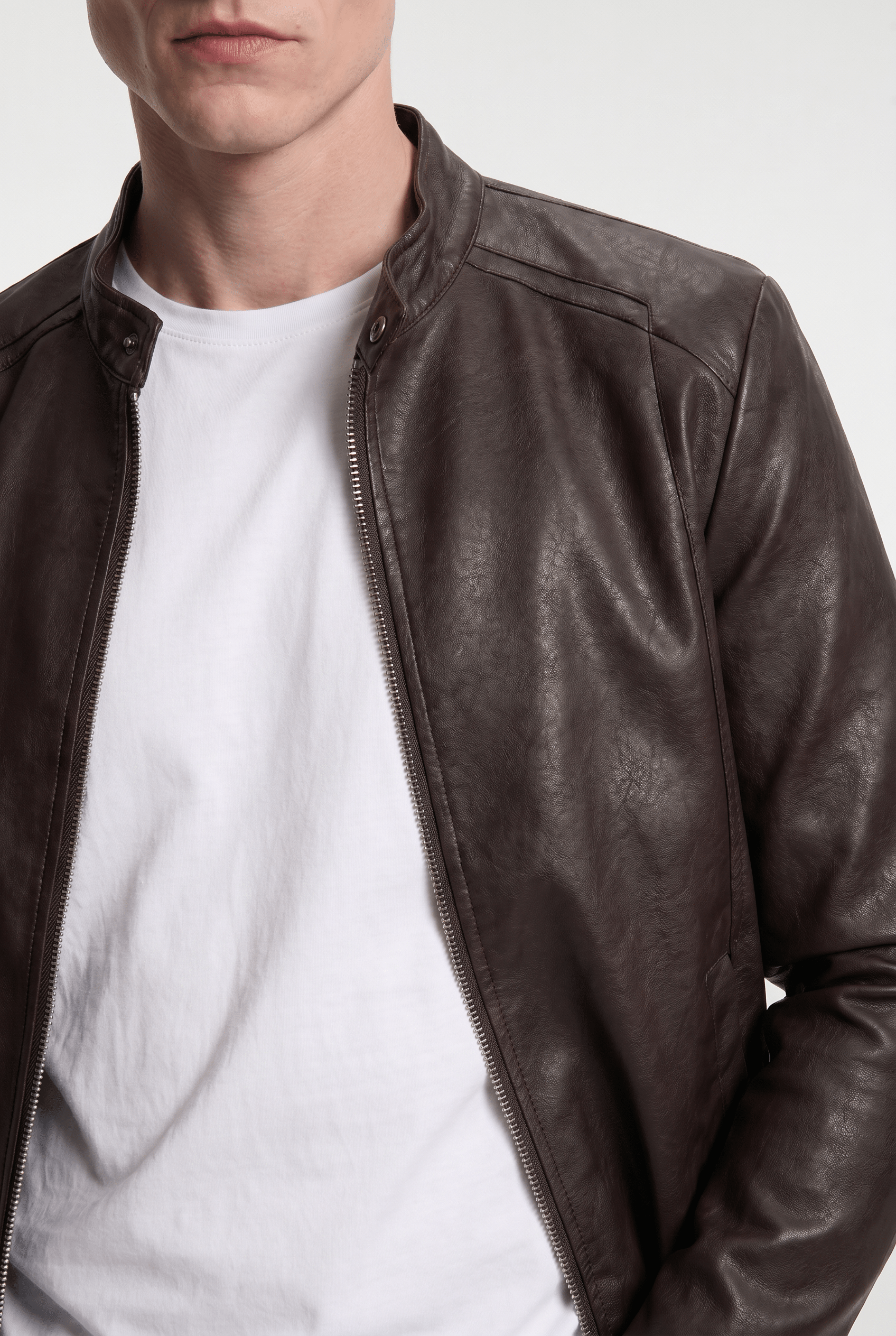 Men's Faux Leather Biker Jacket - Dark Brown - Rully Official
