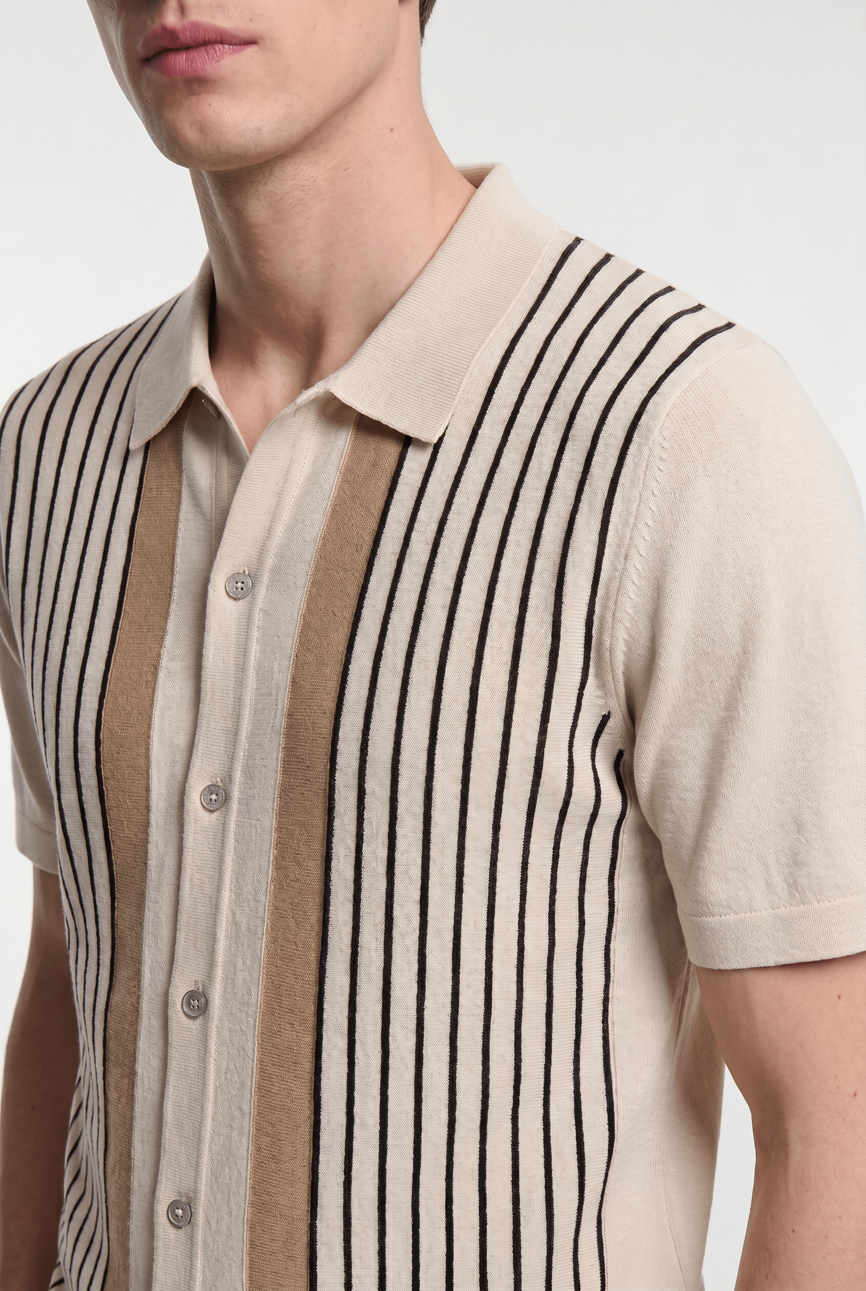Men's Pinstripe Knit Polo Shirt - Beige/Brown - Rully Official