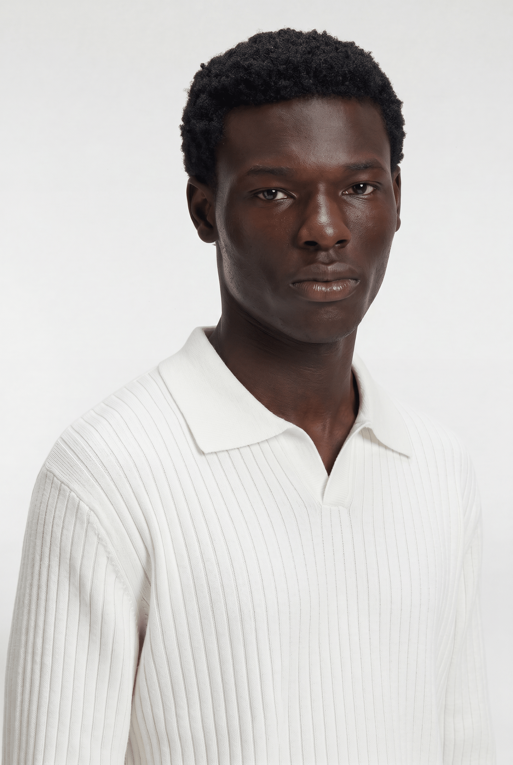 Men’s Ribbed V-Neck Polo Shirt – Long Sleeve - White - Rully Official
