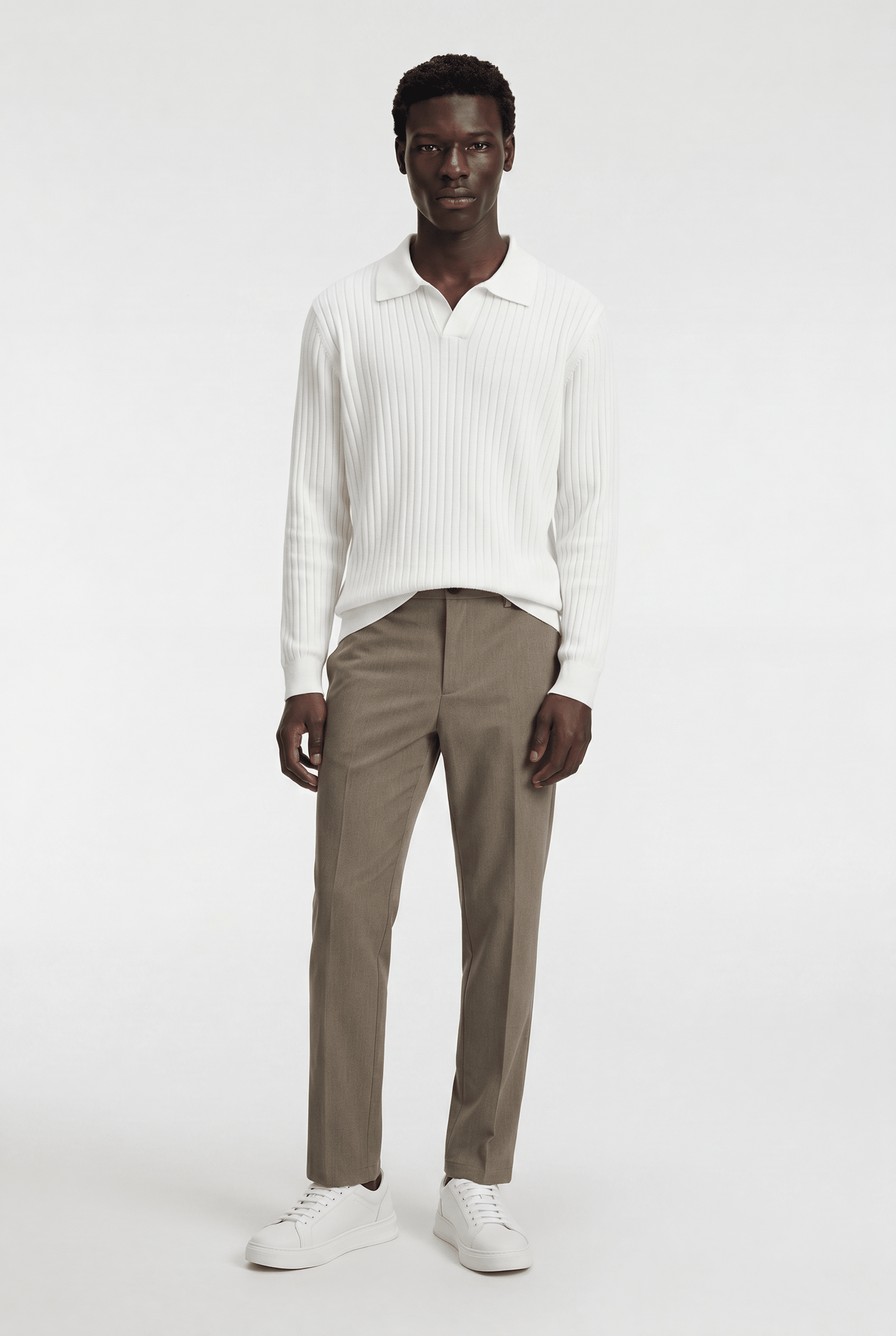 Men’s Ribbed V-Neck Polo Shirt – Long Sleeve - White - Rully Official