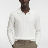 Men’s Ribbed V-Neck Polo Shirt – Long Sleeve - White - Rully Official