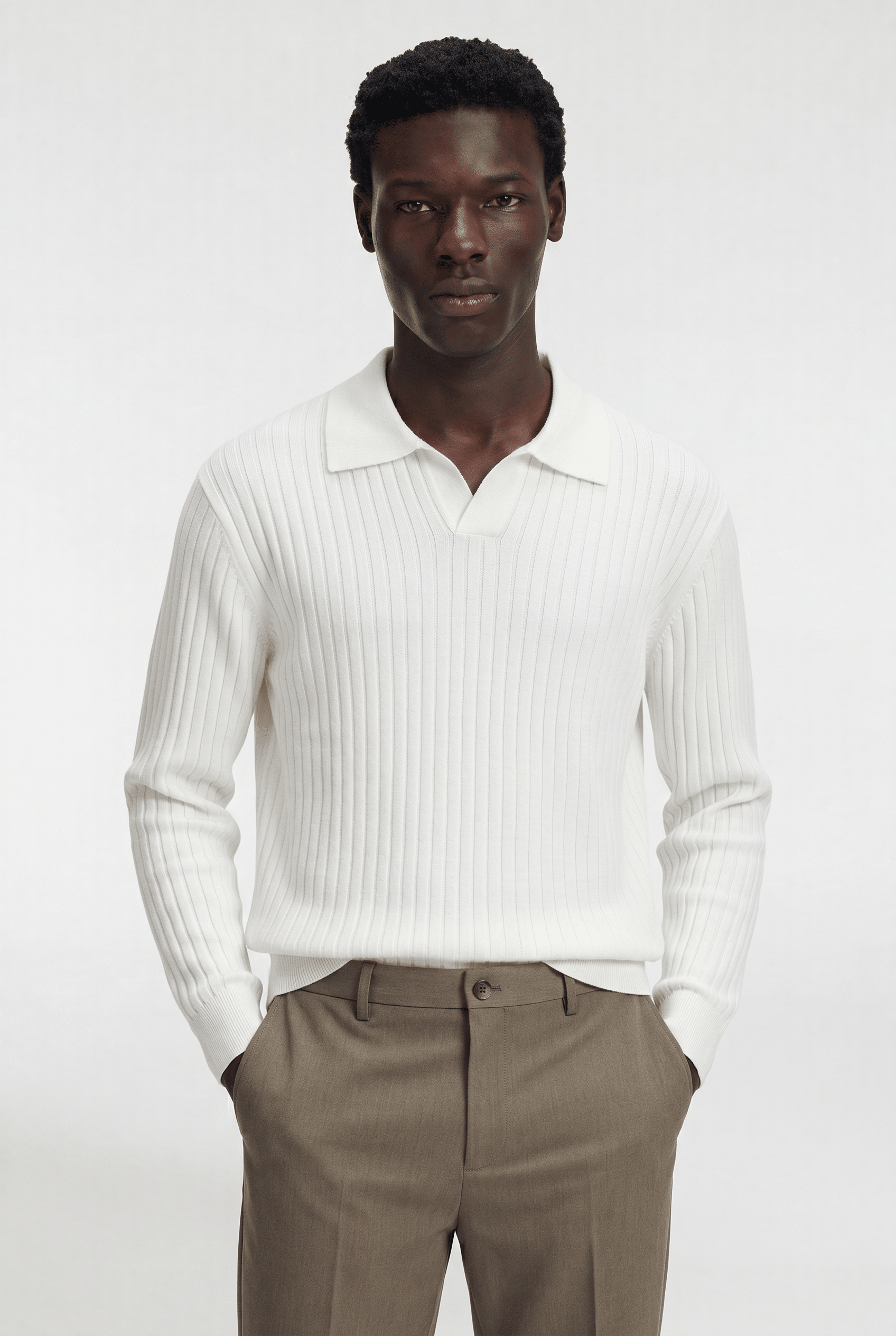 Men’s Ribbed V-Neck Polo Shirt – Long Sleeve - White - Rully Official