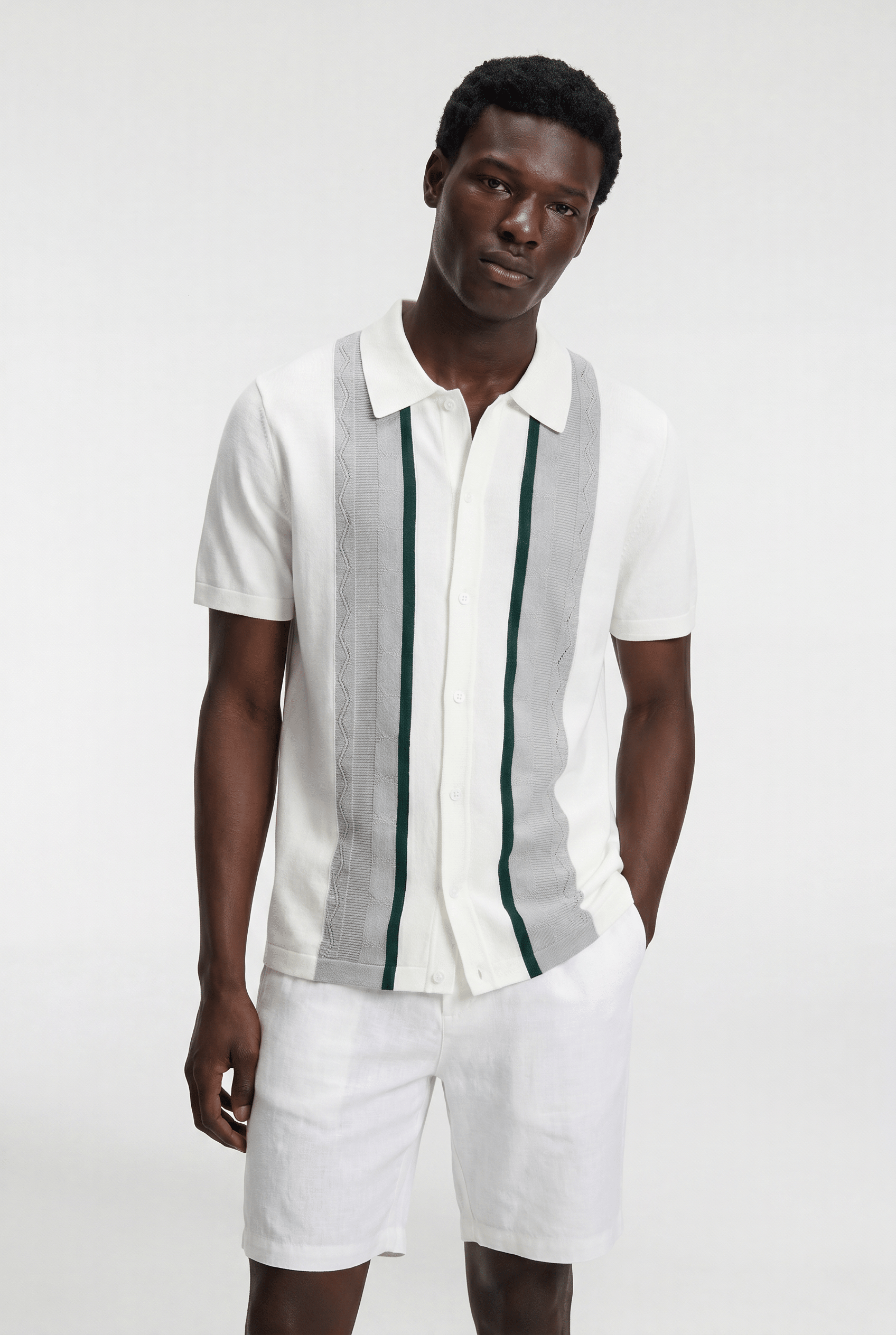 Men's Striped Knit Polo Shirt - White/Green - Rully Official