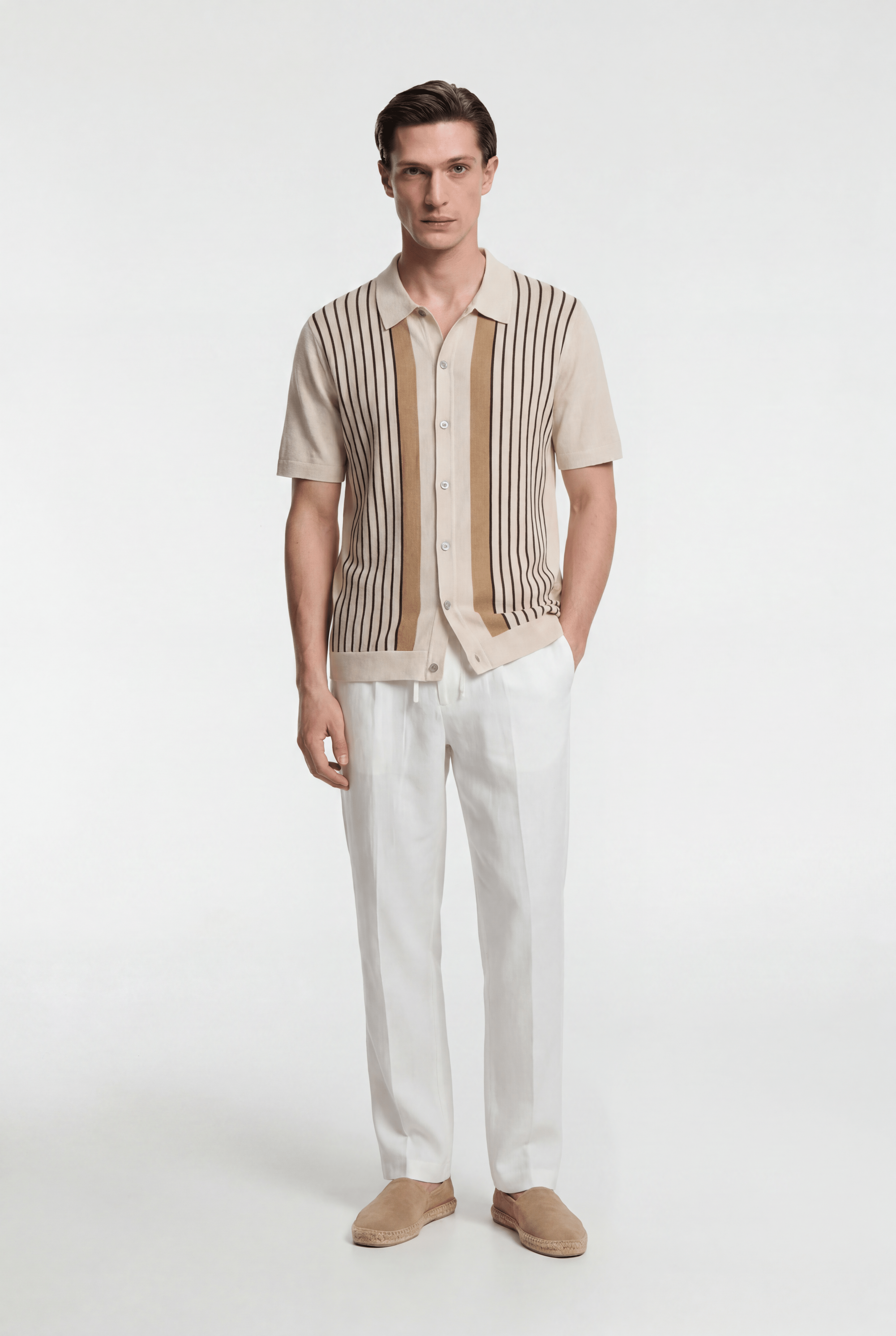 Men's Pinstripe Knit Polo Shirt - Beige/Brown - Rully Official
