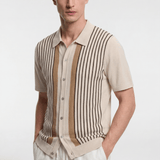 Men's Pinstripe Knit Polo Shirt - Beige/Brown - Rully Official