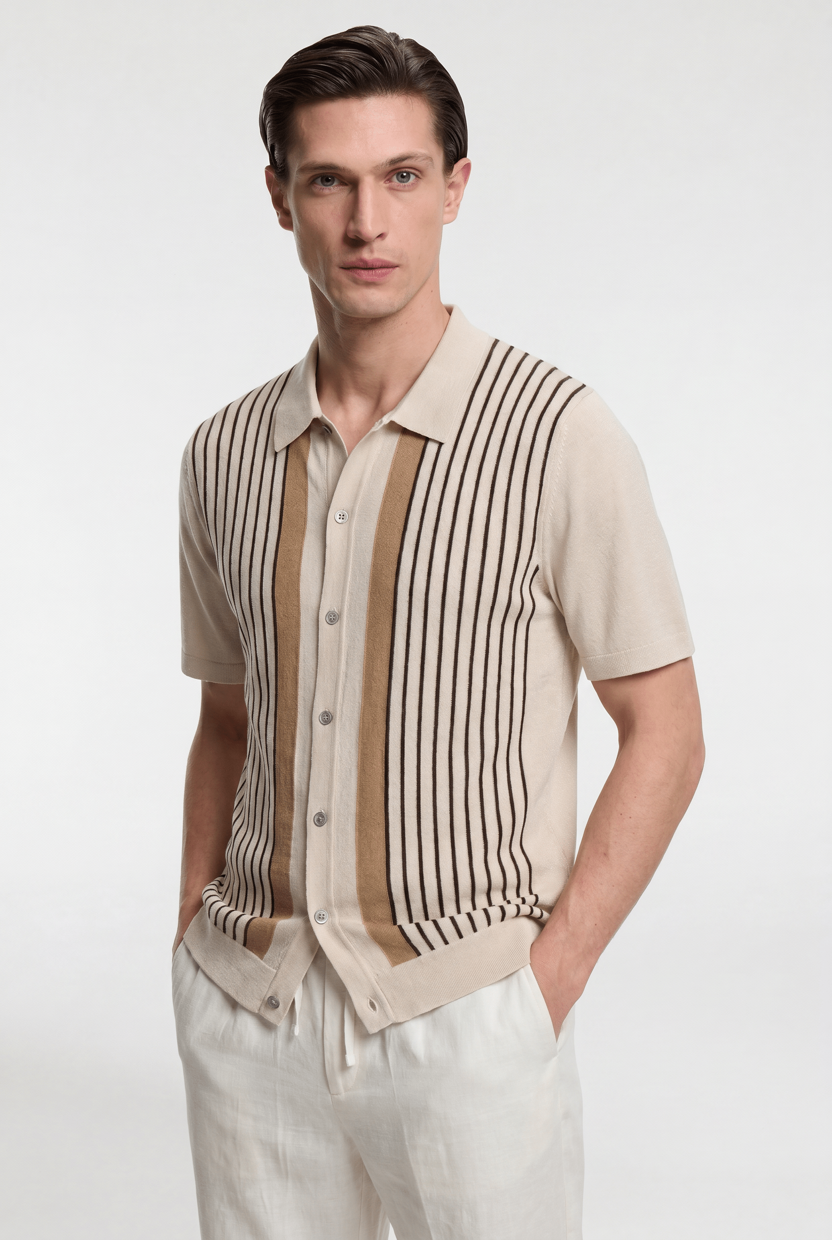 Men's Pinstripe Knit Polo Shirt - Beige/Brown - Rully Official
