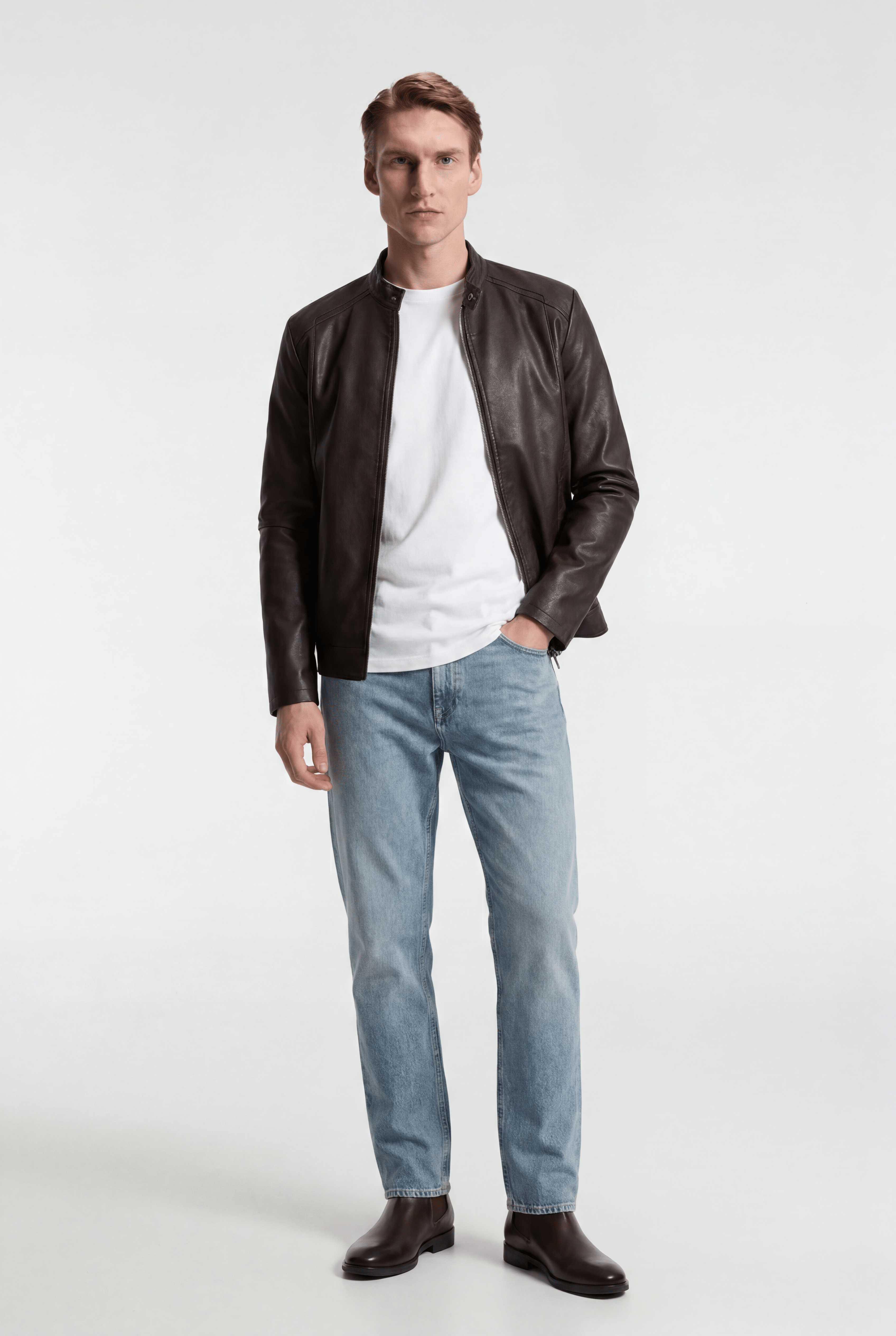 Men's Faux Leather Biker Jacket - Dark Brown - Rully Official