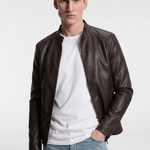 Men's Faux Leather Biker Jacket - Dark Brown - Rully Official