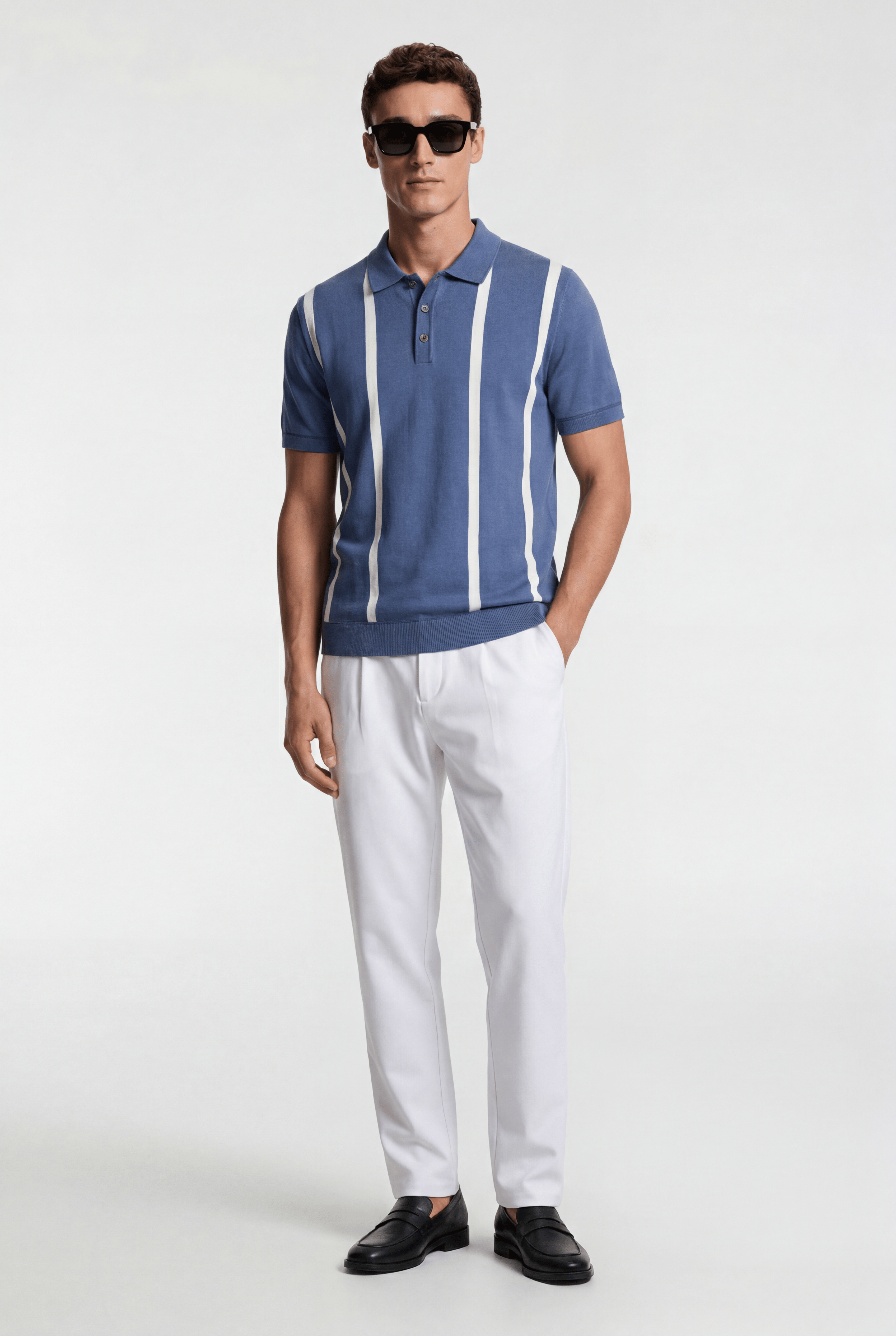 Men's Bold Stripe Knit Polo Shirt - Blue/White - Rully Official