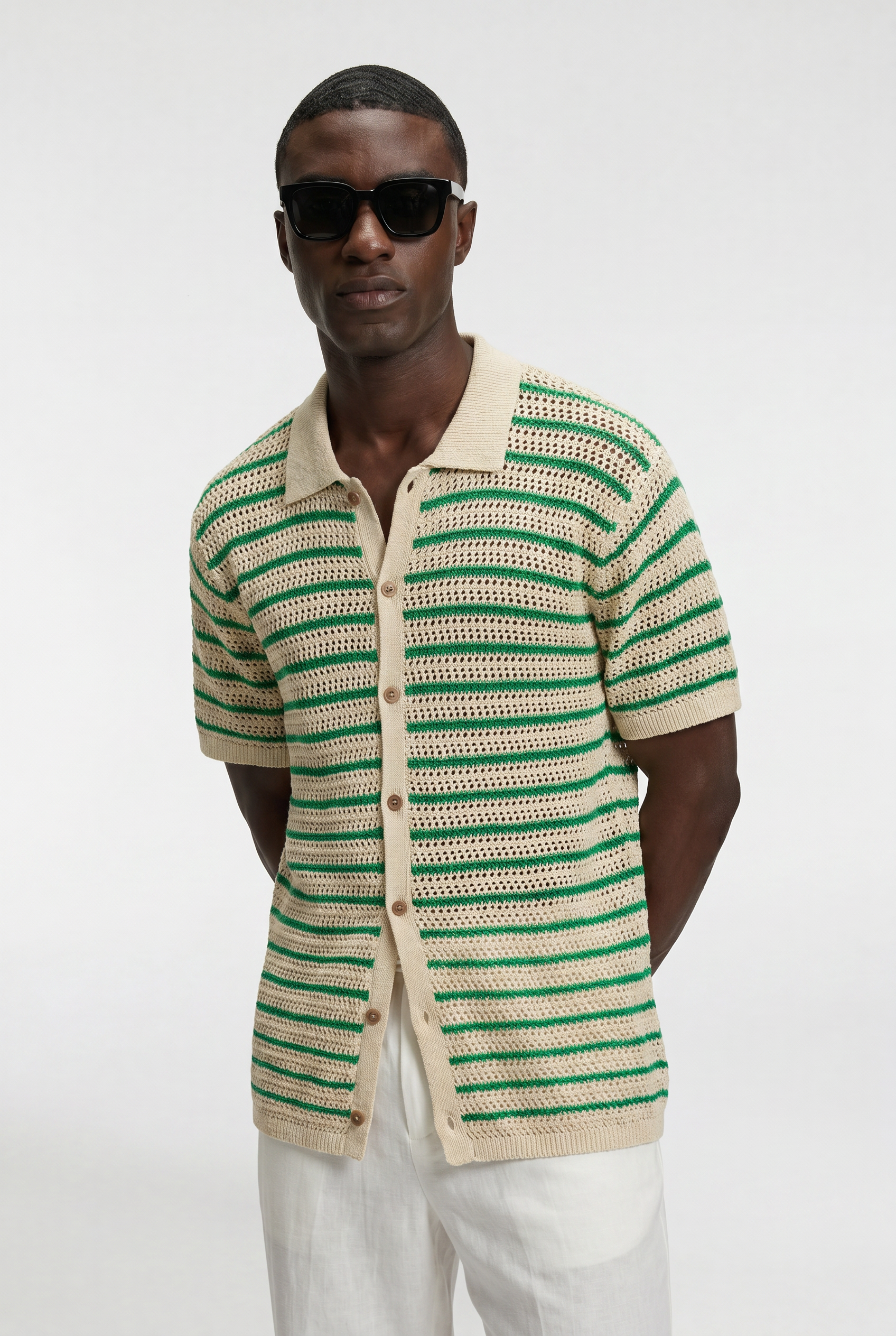 Men's Striped Crochet Knit Polo Shirt
