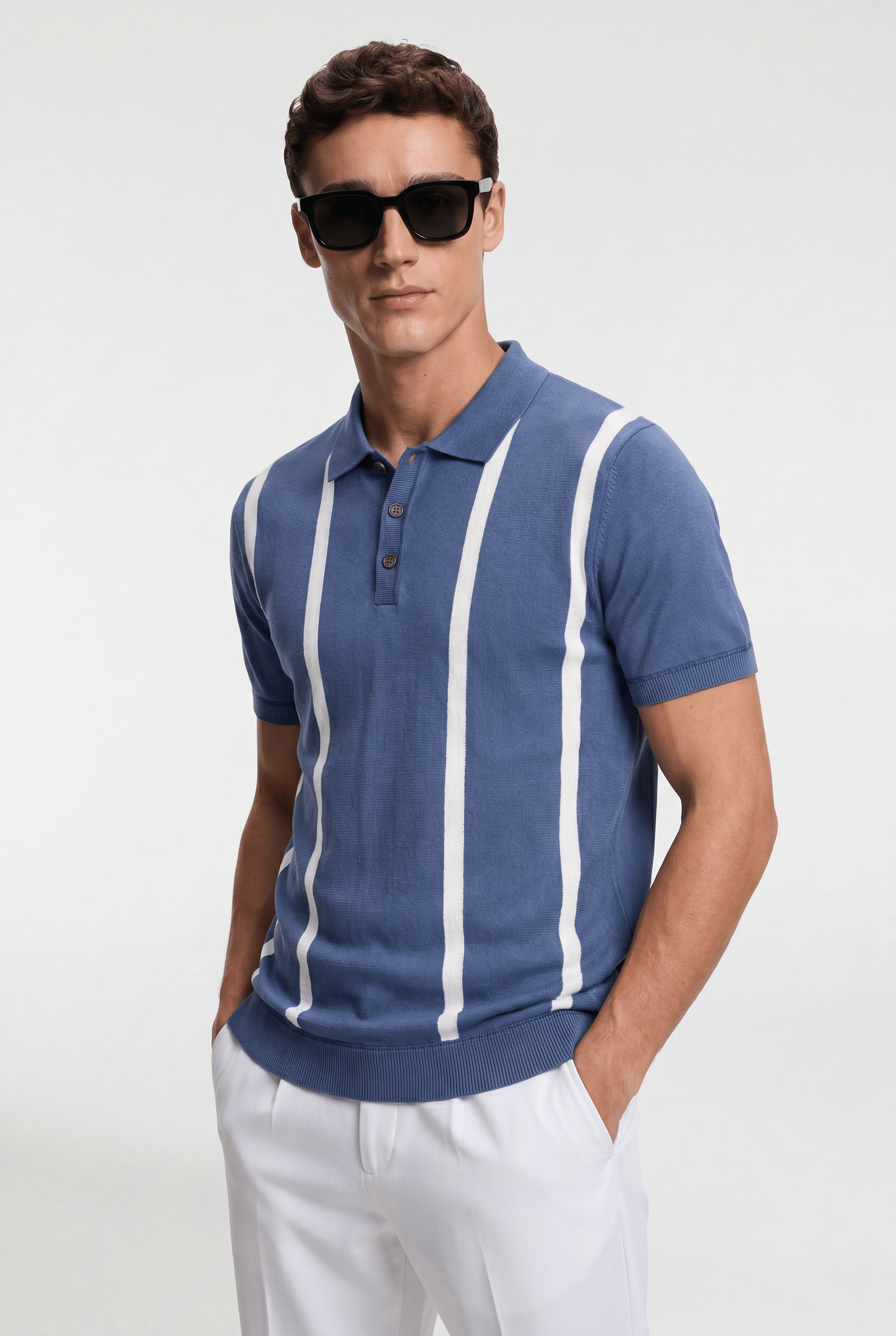 Men's Bold Stripe Knit Polo Shirt - Blue/White - Rully Official