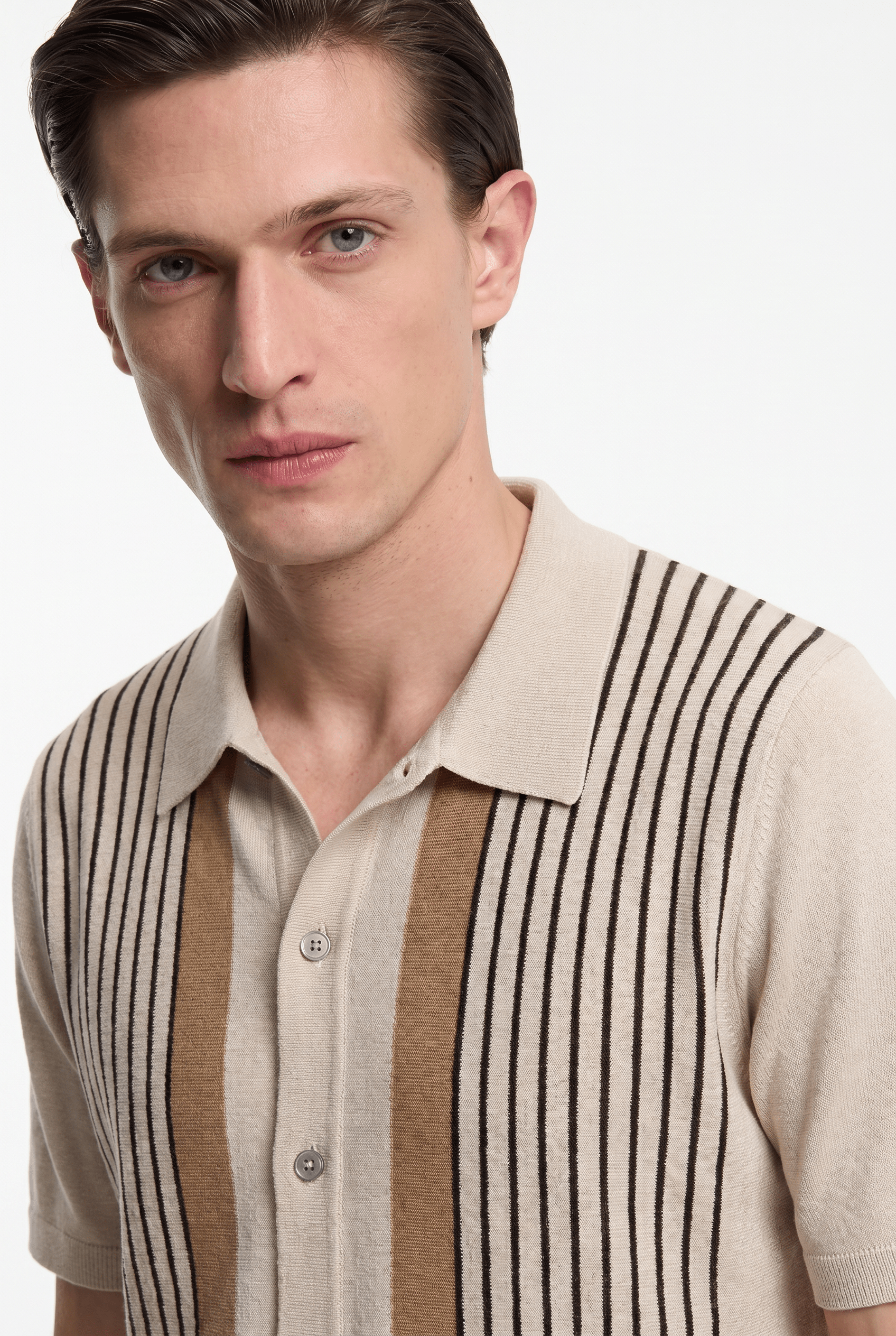 Men's Pinstripe Knit Polo Shirt - Beige/Brown - Rully Official