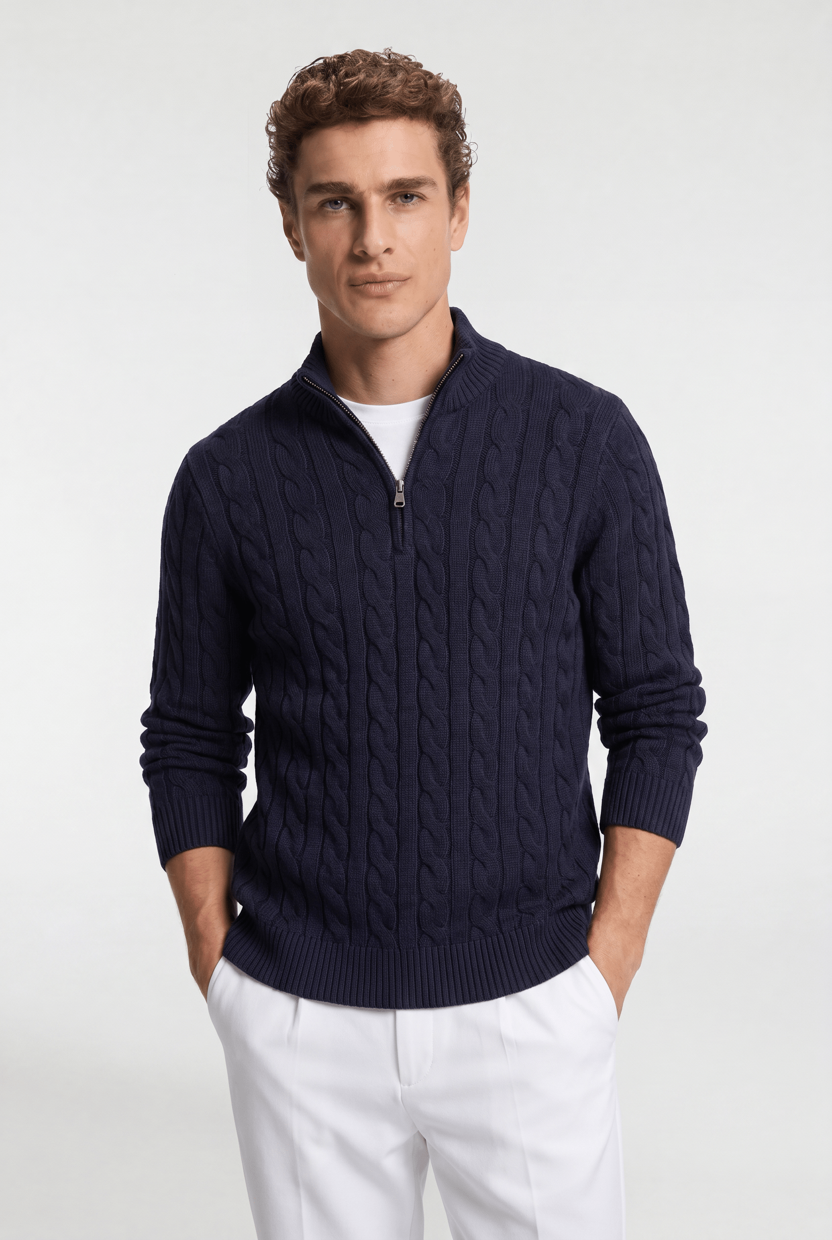 Men's Cable Knit Half-Zip Jumper - Navy - Rully Official