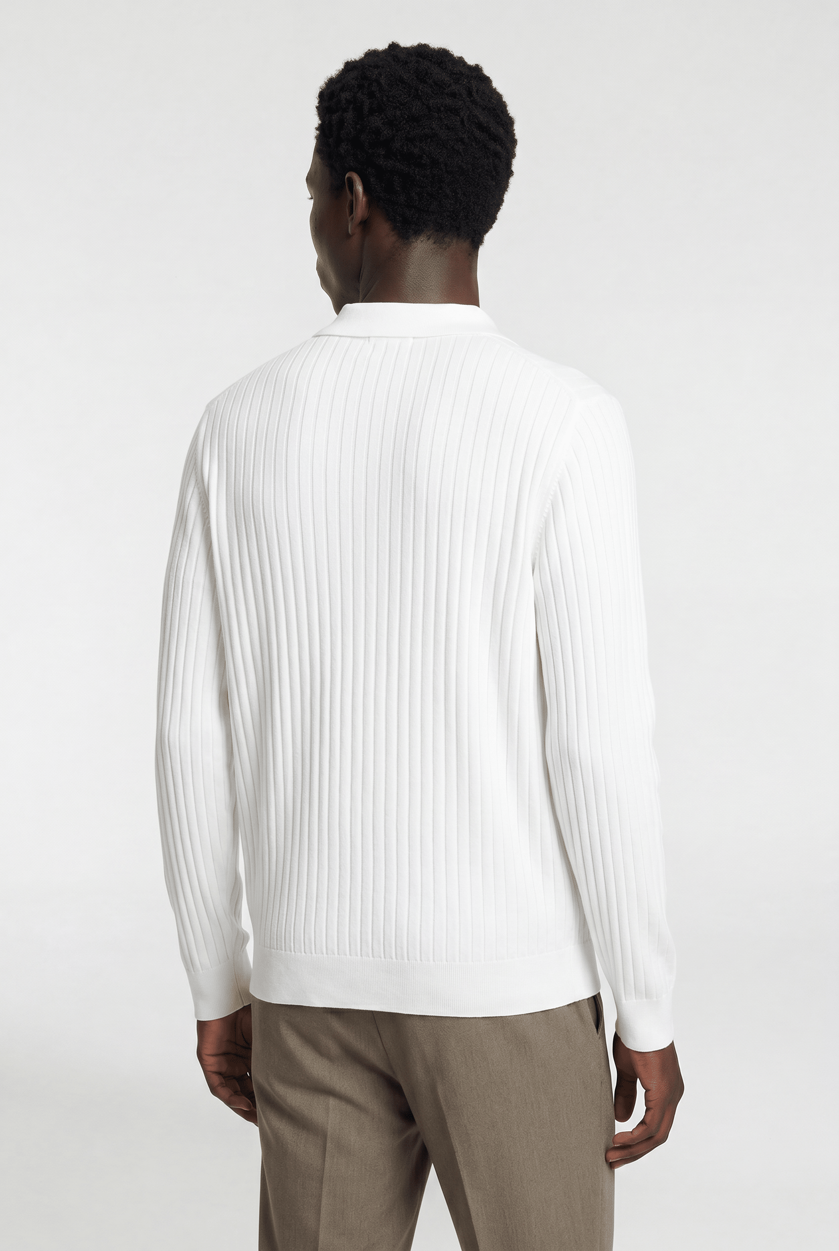 Men’s Ribbed V-Neck Polo Shirt – Long Sleeve - White - Rully Official