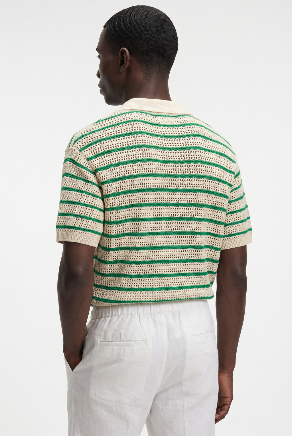 Men's Striped Crochet Knit Polo Shirt