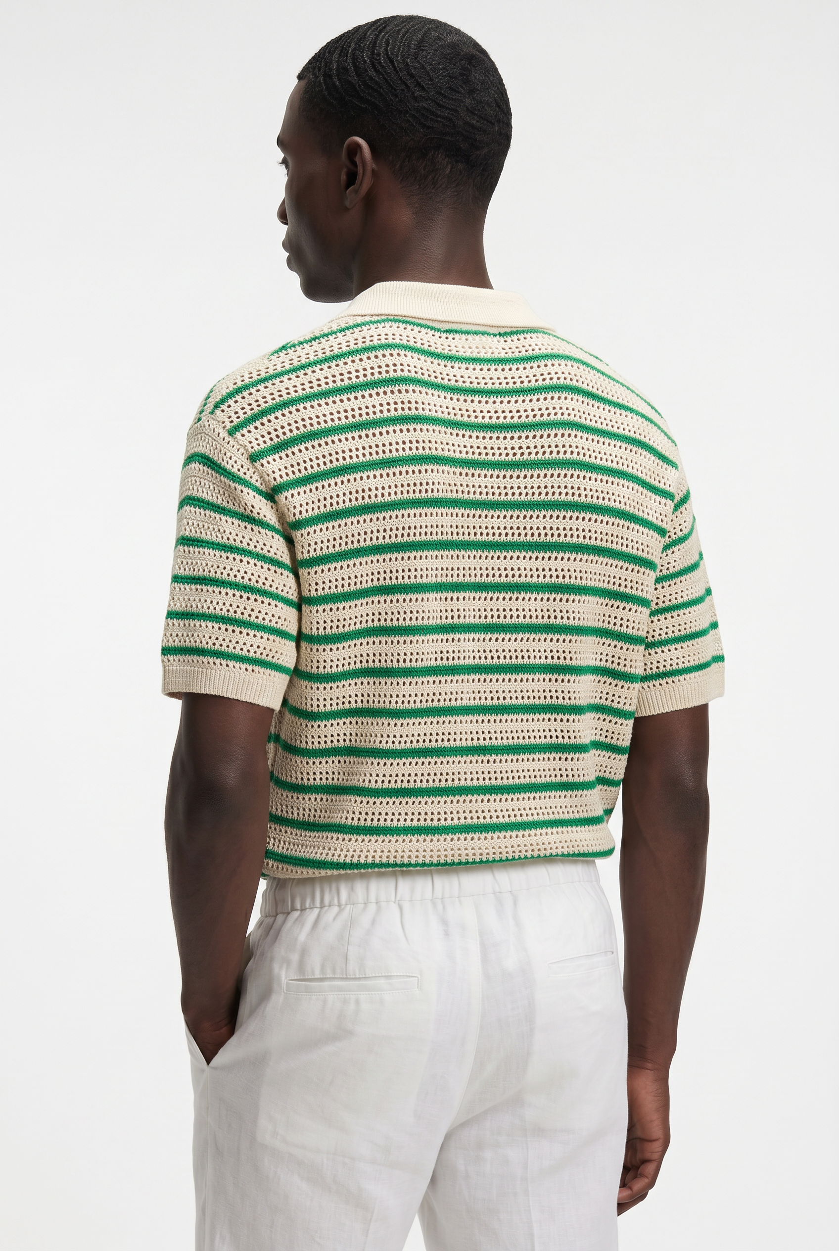 Men's Striped Crochet Knit Polo Shirt