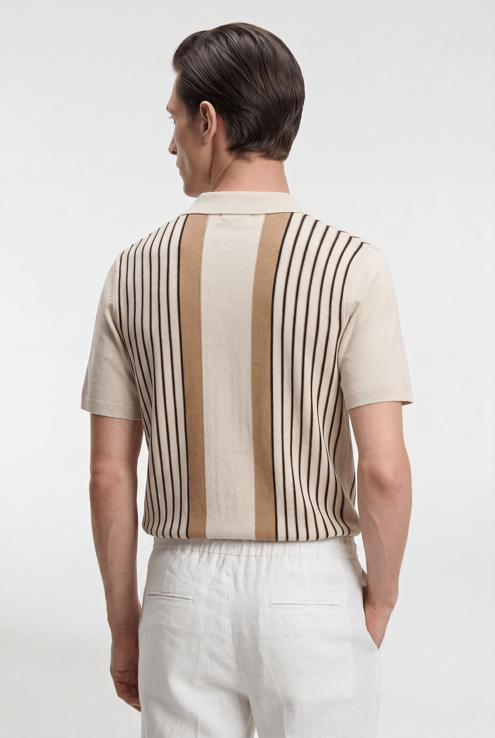 Men's Pinstripe Knit Polo Shirt - Beige/Brown - Rully Official